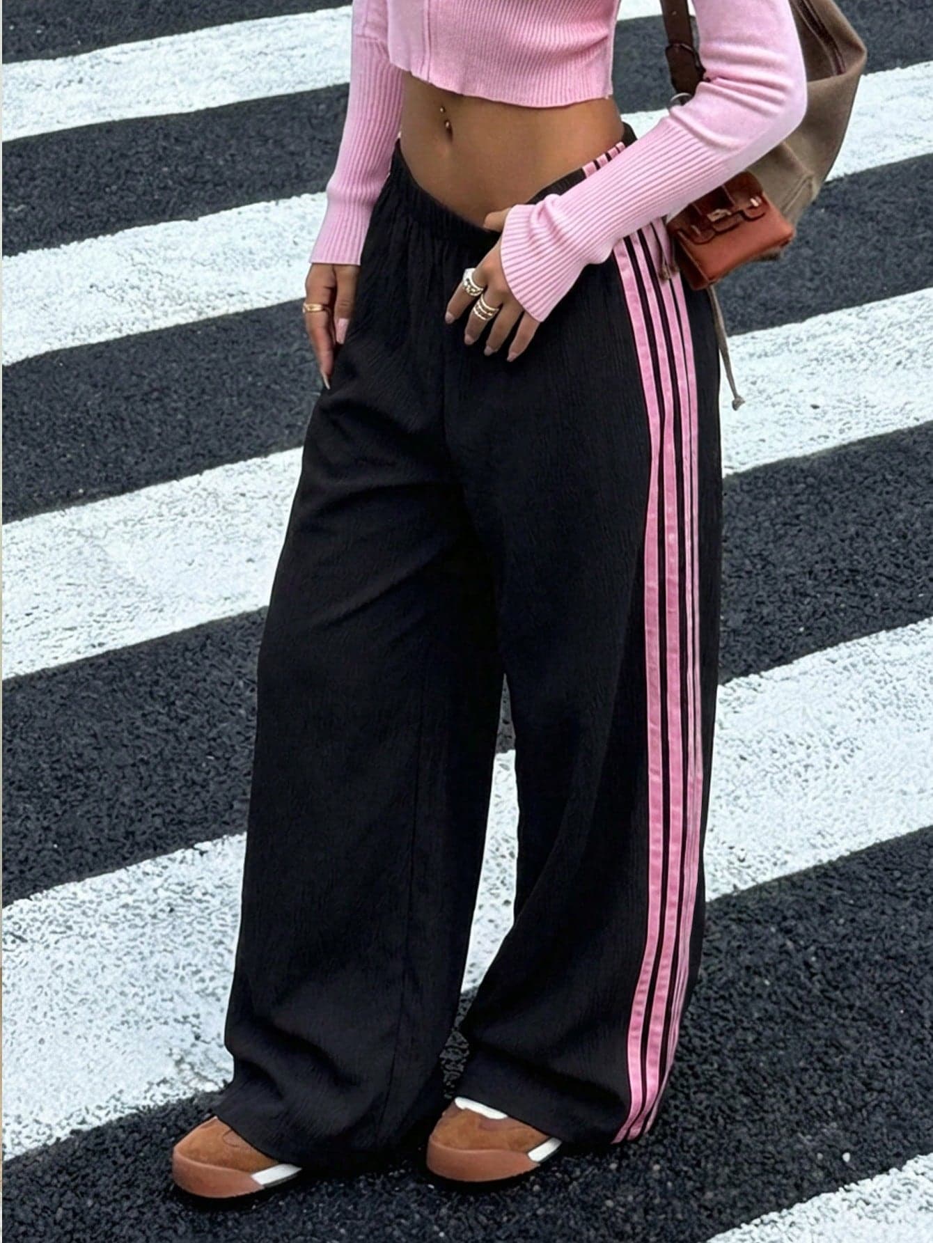 Tween Girls' Black & Pink Ribbon Loose Pants, Versatile Daily Wear, Spring/Summer New Arrival