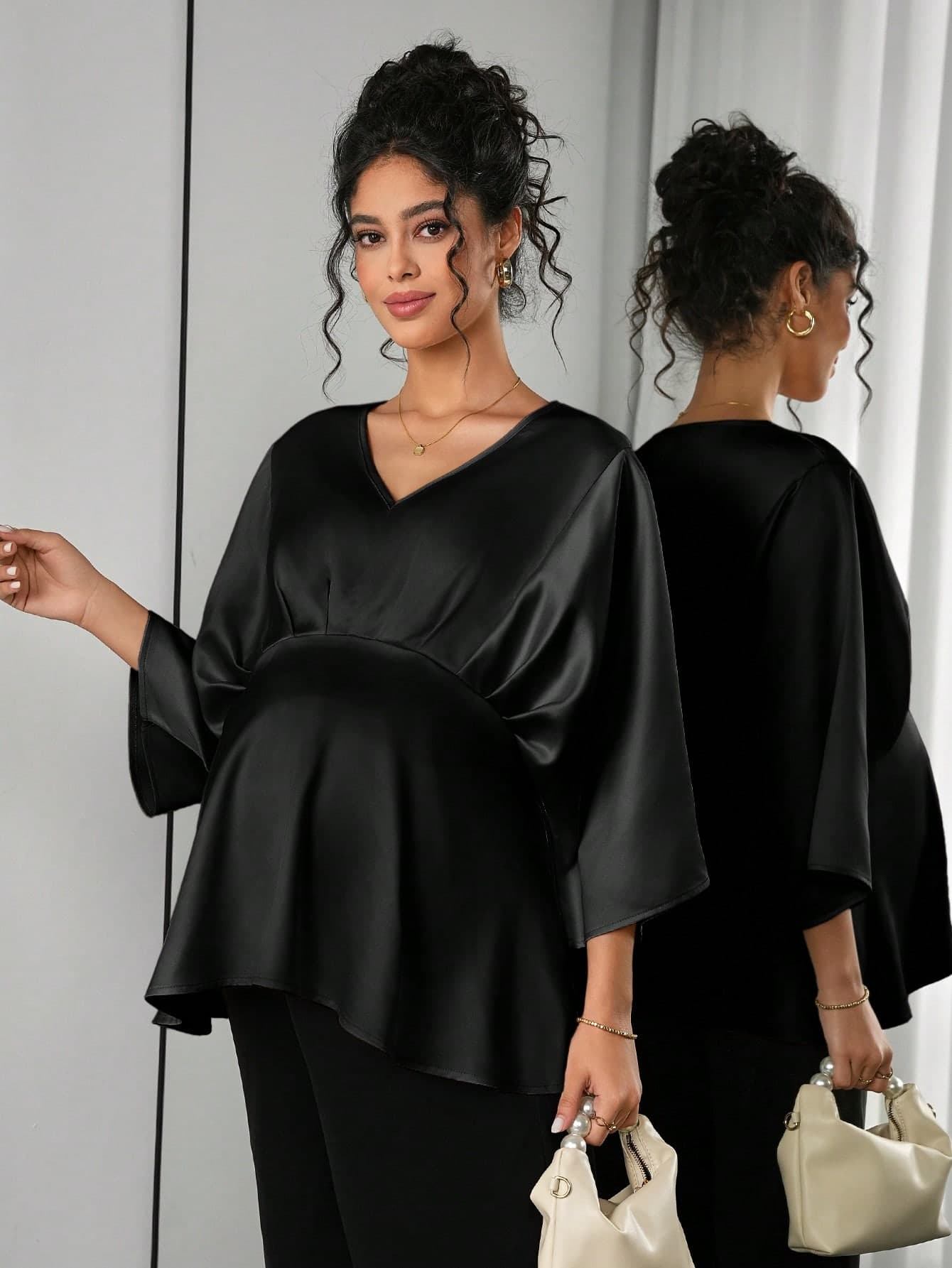 Momance Maternity V-Neck Batwing Sleeve Ruffle Hem Blouse