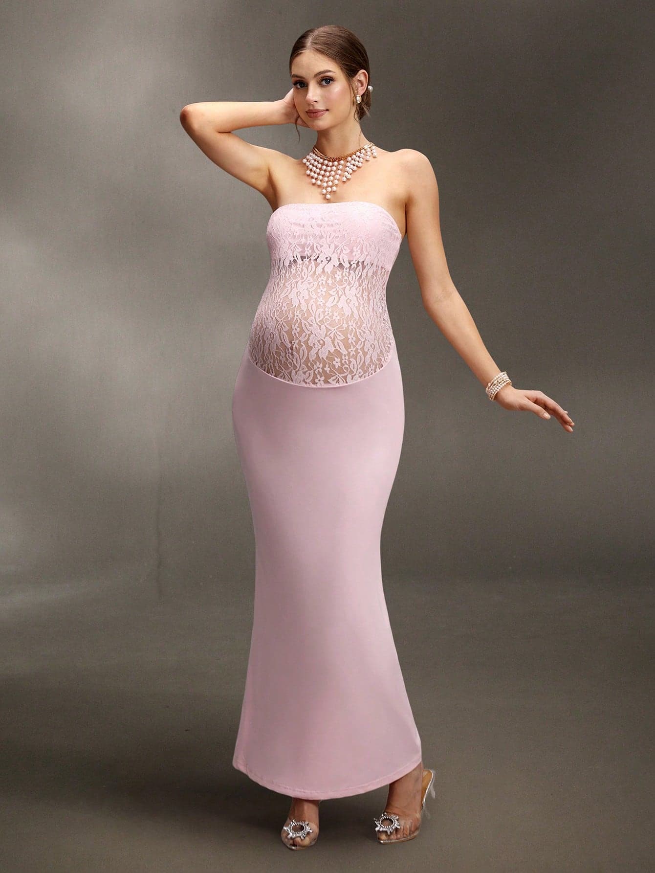 Cheriluna Maternity Pink Summer Elegant Baby Shower Maternity Dress For Photoshoot,Pregnant Women's Contrast Lace Strapless Fitted Gown,Evening Formal Pregnancy Dresses