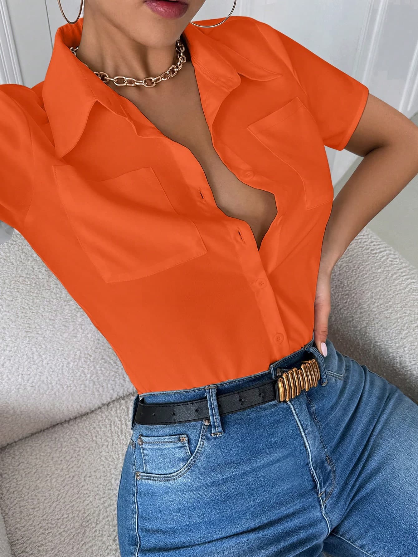 INAWLY Casual Turn-Down Collar Pocket Fitted Long Sleeve Orange Blouse Top For Women
