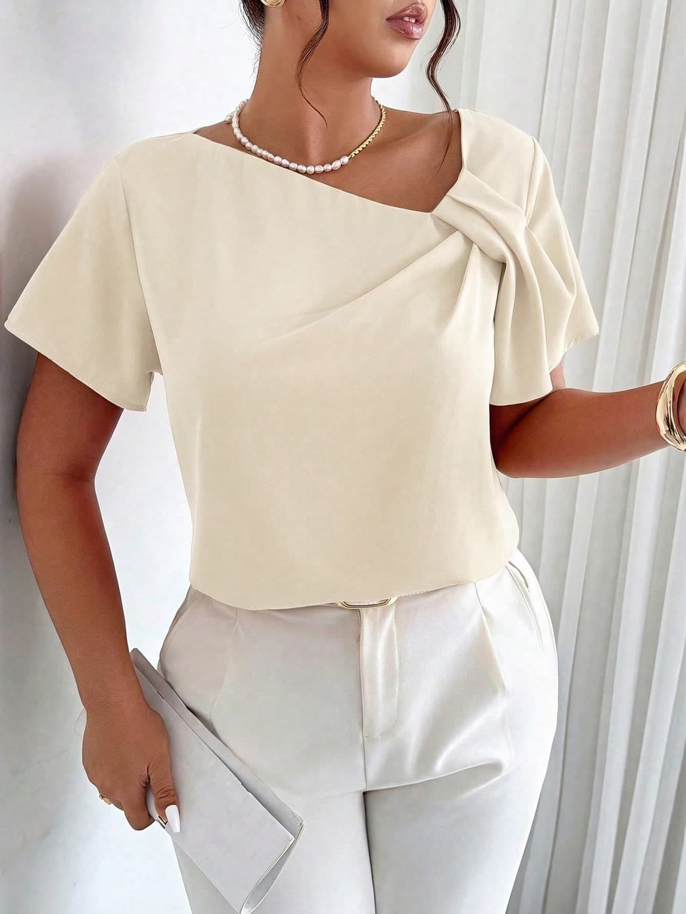 Elenzga Plus Size Women Spring/Summer Asymmetric Collar Pleated Elegant Blouse