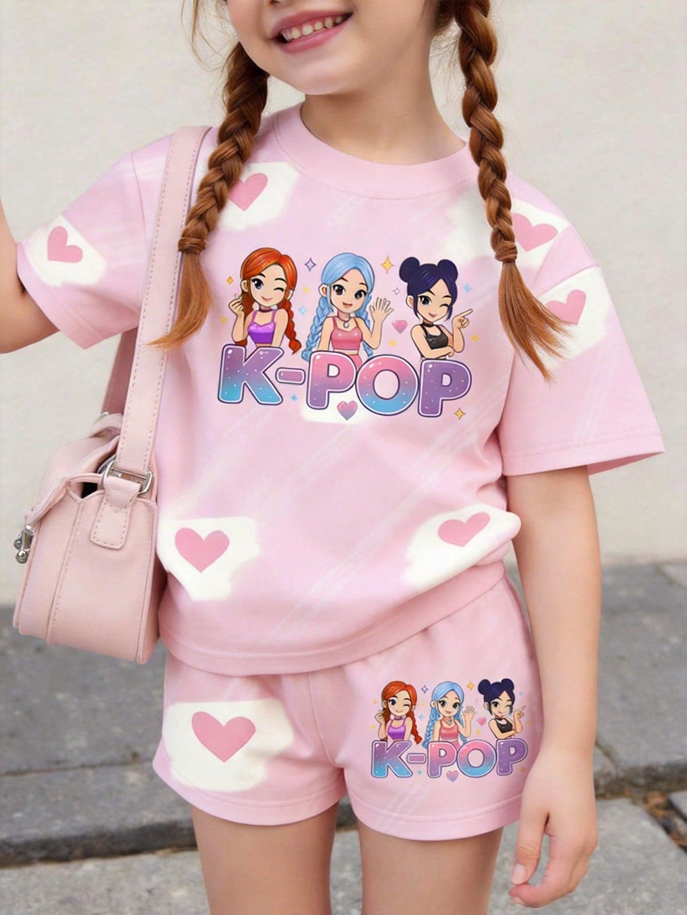 SHEIN 2pcs/Set Young Girl Light Pink Summer Short Sleeve Top And Shorts Set,Cute Girl Group Graphic,Heart Bubble Decor,Sweet Korean Style,Back To School