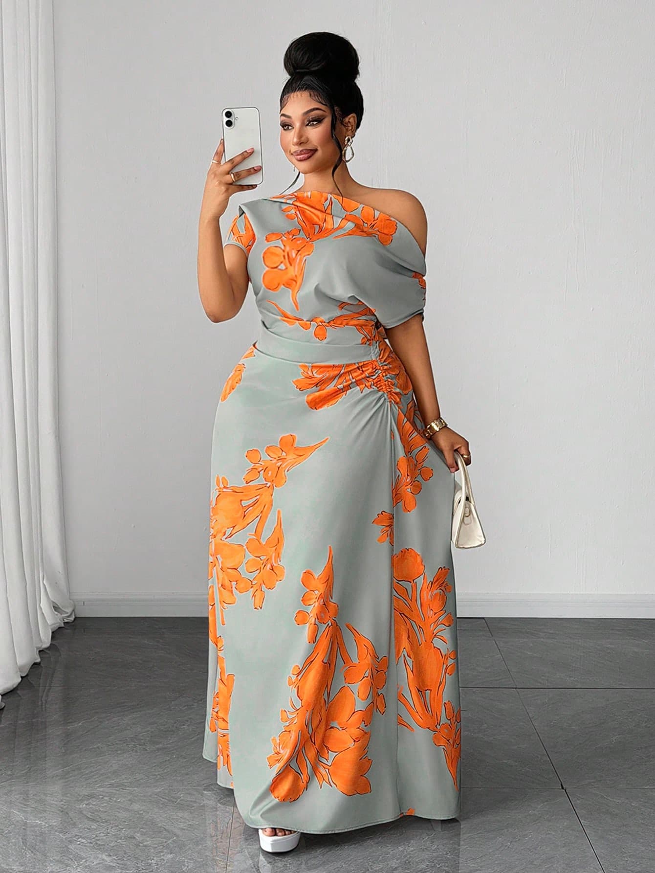 Maweii Plus Size Green Floral Print Ruched Waist Slit Shoulder Casual Vacation Dress