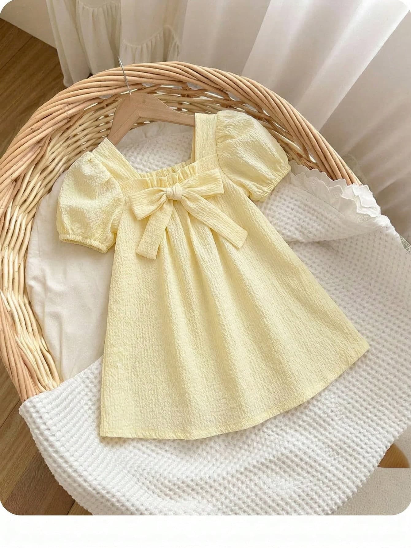 SHEIN Babygirl Cute Green Plaid Short Sleeve Bow Loose Sundress For Summer