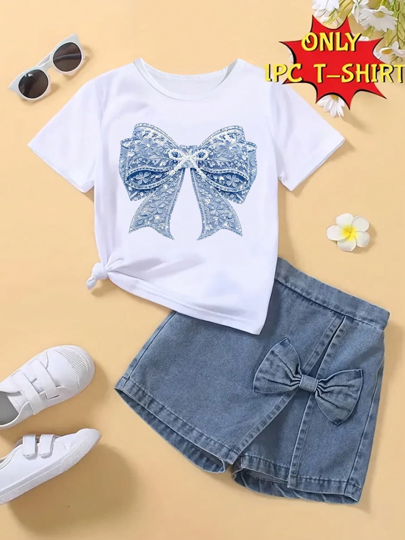 Elladie kids 1pc Young Girls' Cute Floral Printed Knitted Crew Neck Short Sleeve T-Shirt,Fashion Summer School Back-To-School Outfits For Vacation,SS26 Casual Top