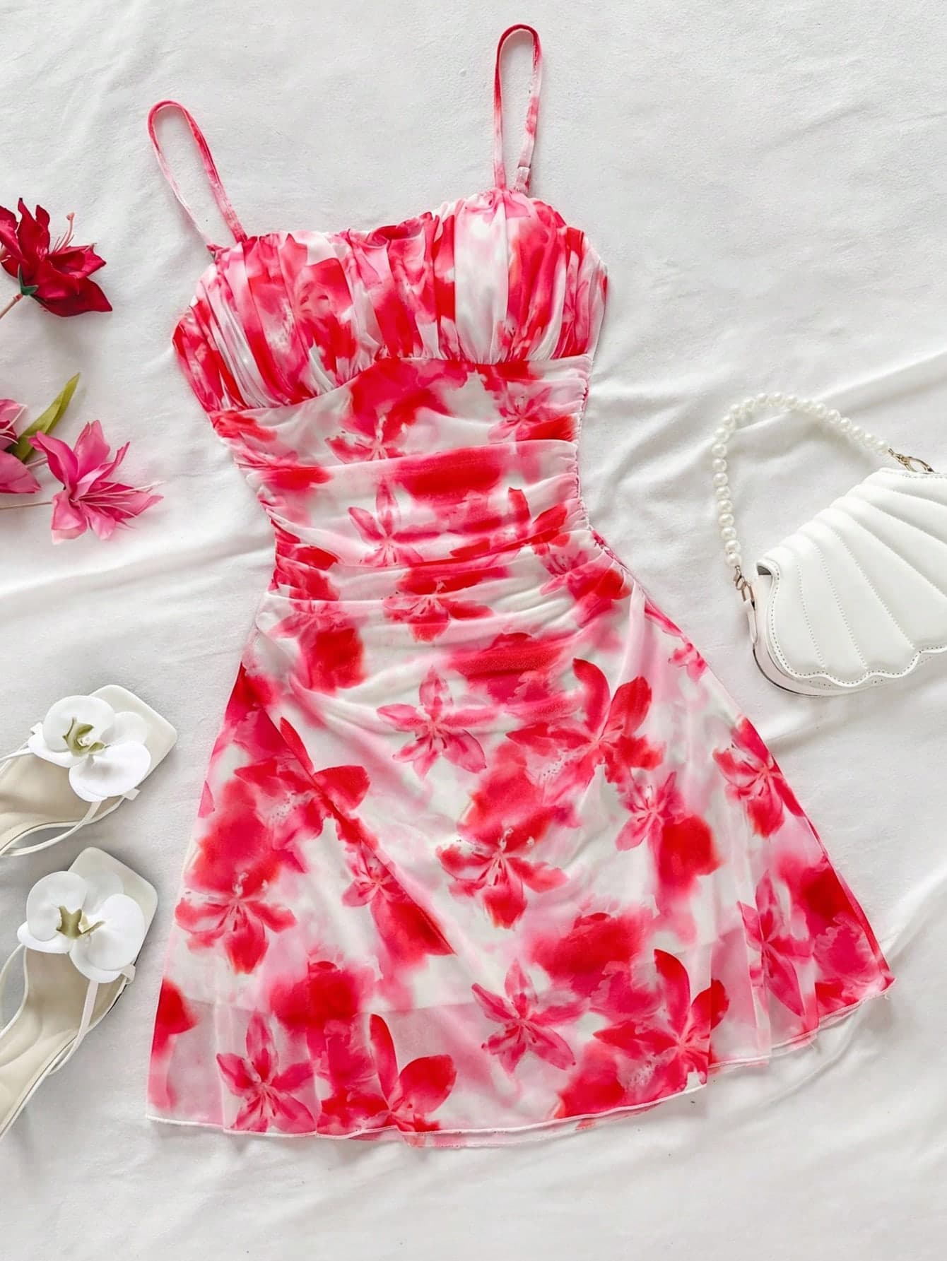 Kids Tween Girls White And Pink Ditsy Floral Mesh Cami Dress,Summer Boho Holiday Vacation Holiday,Vintage Beach Spaghetti Straps A-Line Silhouette