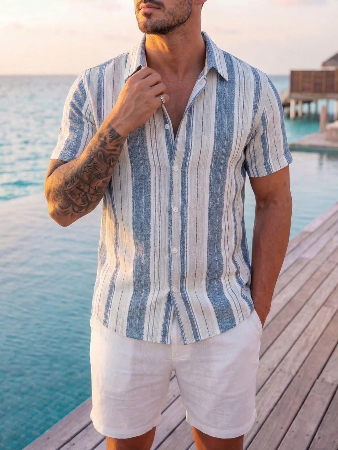 Maristyn Men's Summer Beach Holiday Style Contrast Striped Print Short Sleeve Shirt Men Beach Shirts Striped Beach Shirt Men Men Striped Shirt Men Summer Shirts Men Casual Short Sleeve Shirt Blue And White Men Shirt Blue And White Striped Shirt