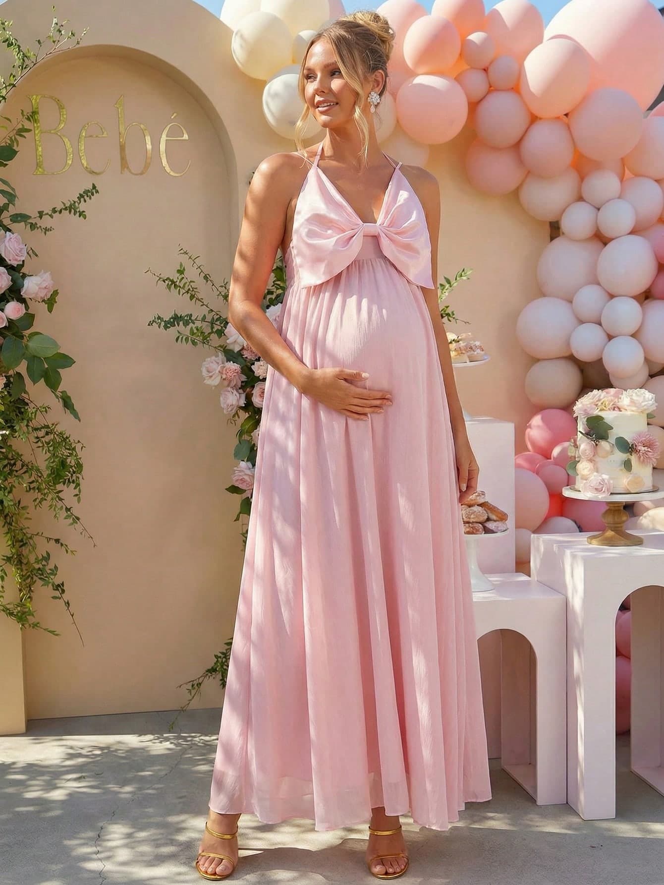 Loomaby Pregnant Women's Solid Color Bow Decor Sleeveless Halter Backless Elegant Dress Dress Gender Reveal Dress Maternity Dress Baby Shower Dress