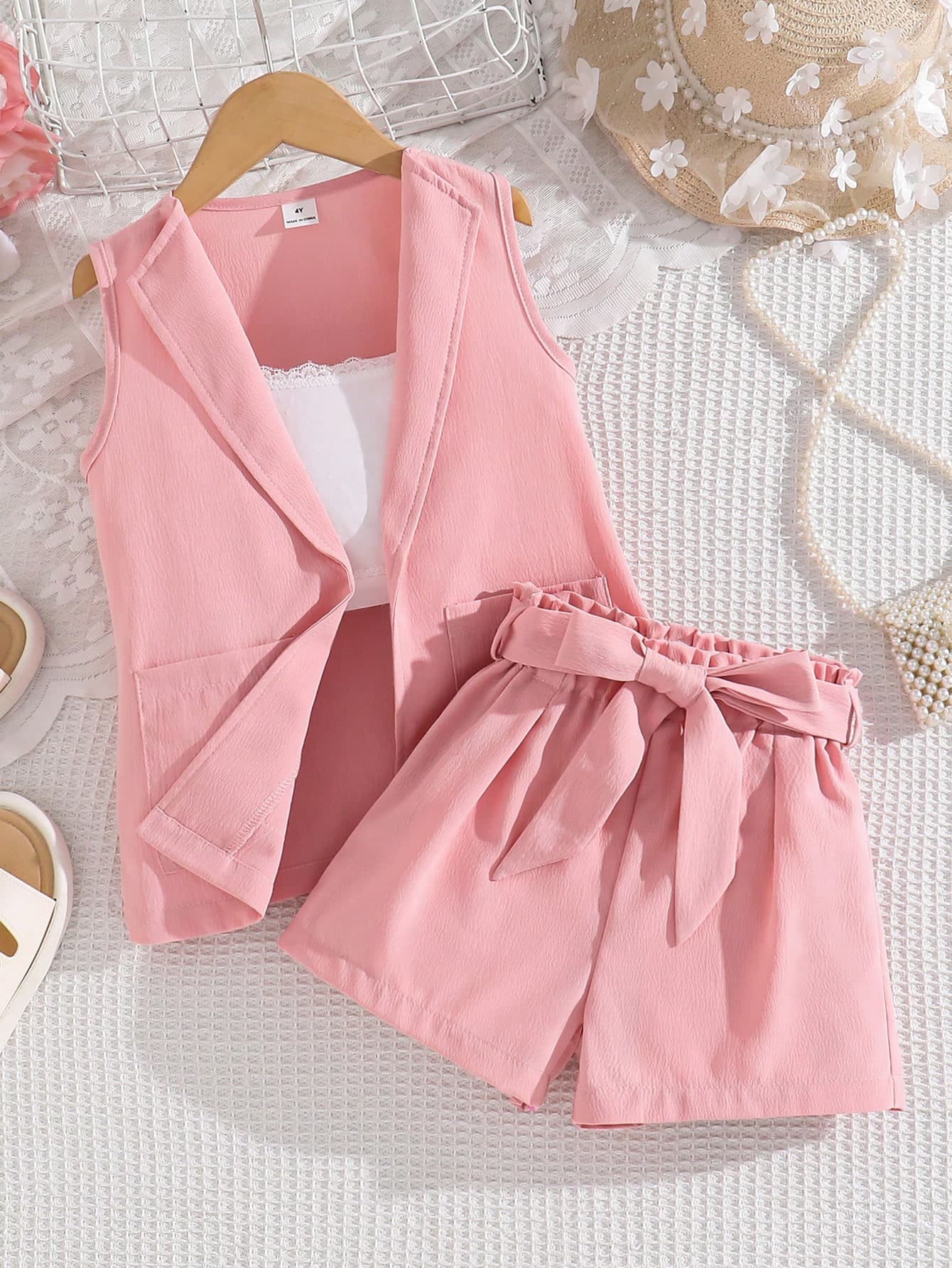 SHEIN Genkimix Kids 2pcs/Set Toddler Girls'Sleeveless Jacket With Bow Tie Belt&Shorts Casual Fashion Outfit,Light Pink,Summer,Family Matching Daily Wear Sibling Outfits