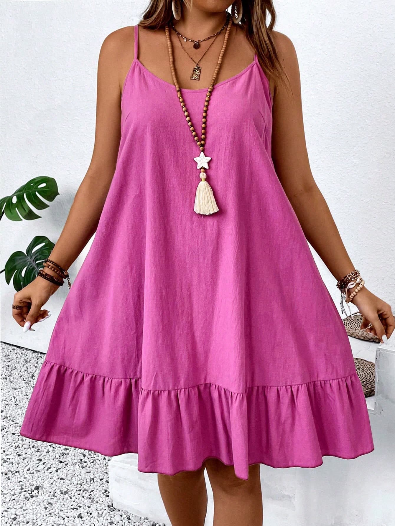 SHEIN Clasi Plus Size Women's Solid Color Simple Daily Wear Cami Dress Hot Pink