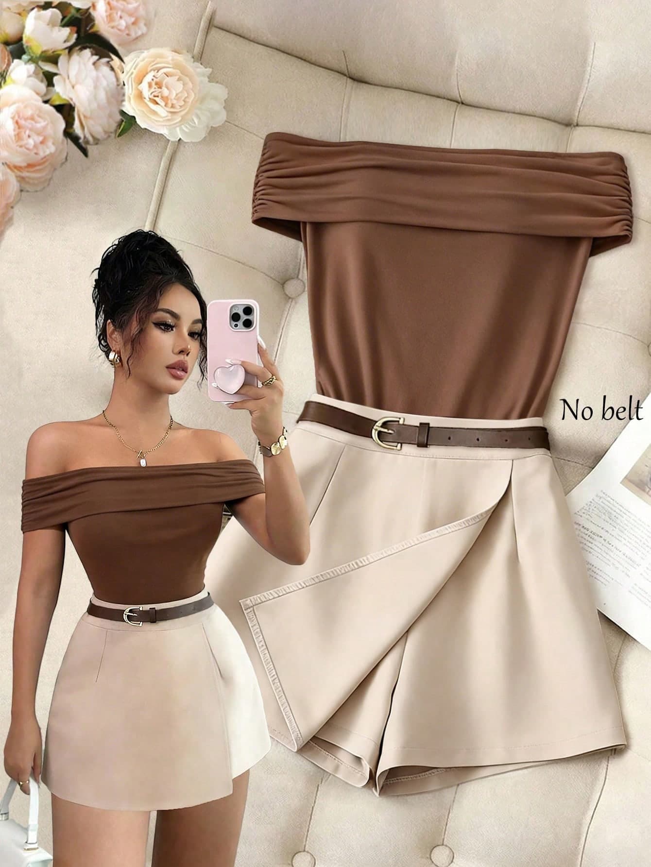SHEIN Elenzya Off-Shoulder Pleated Brown T-Shirt & Beige Wide-Leg Pants 2-Piece Women's Outfit,Elegant Summer Brunch Wear,Casual Commuter Daily Fashion (No Belt)