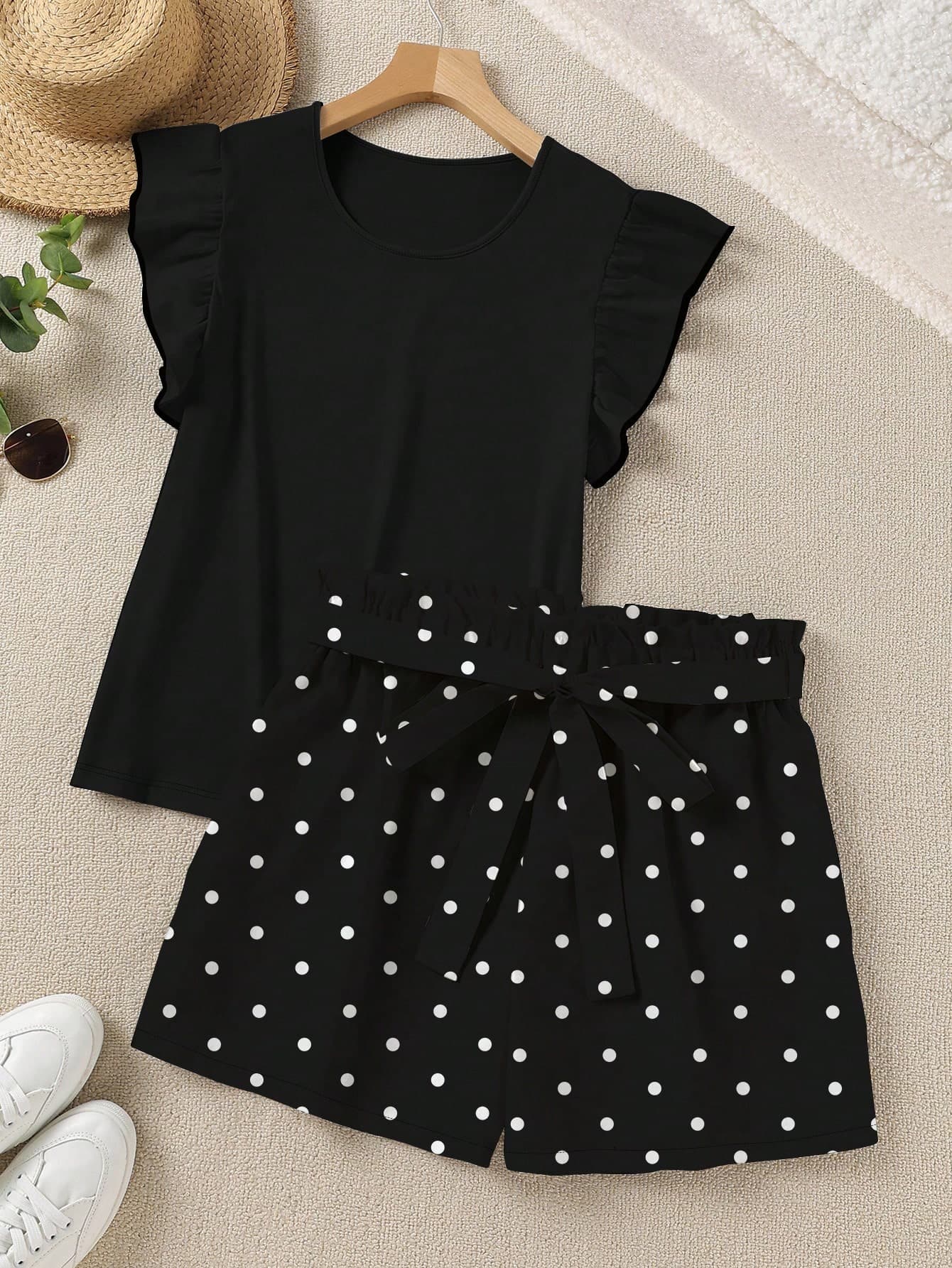 SHEIN LUNE 2pcs Elegant Solid Color Ruffle Trim Top And Printed Shorts Set, Summer,Summer Outfits For Women