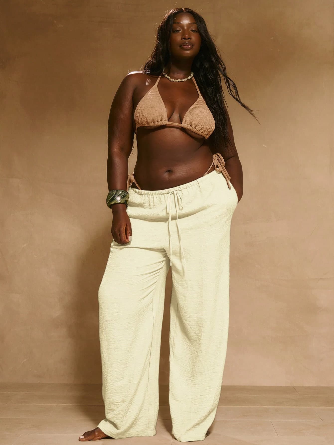 MUSERA Plus Size Mid Rise Wide Leg Drawstring Waist Trousers Vacation Beachwear Elegant Holiday Cute Summer Spring Party