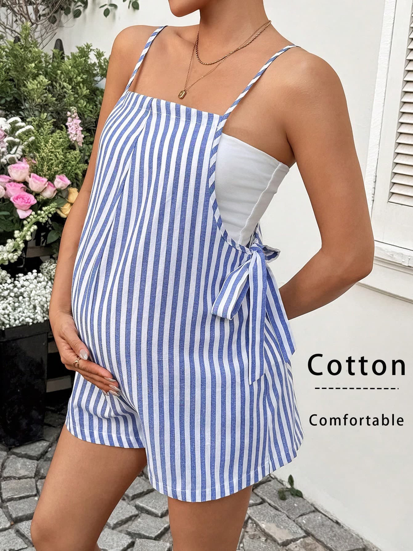 Lyckli Summer Outfits Comfortable Breathable Cotton Jumpsuit For Pregnant Women With Side Bow Ties. Maternity Striped Print Twist Front Jumpsuit Babyshower