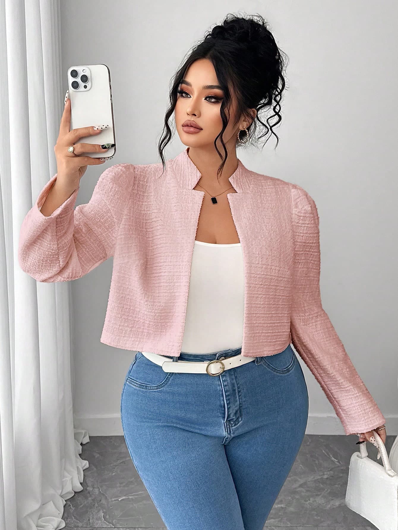 Elenzga Women's Plus Size White Striped Textured Knit Stand Collar Flare Sleeve Short Jacket, Elegant And Refined Outfits For Women Fall