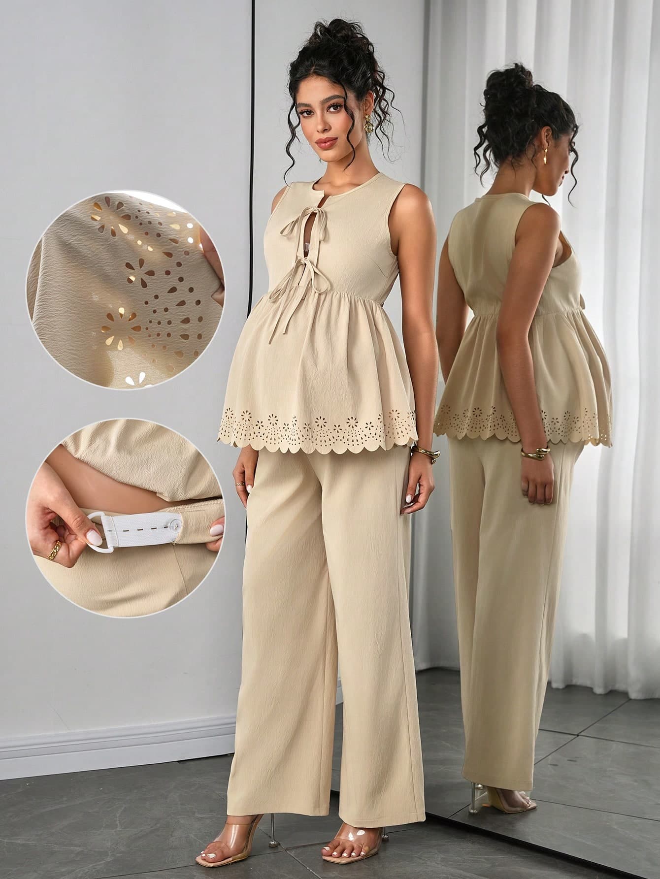 Momance Peach Summer Casual Maternity 2 Pieces Set Solid Color Camisole Tie Bow Top And Pants Elegant Women Pregnancy Clothes Chic Co-Ord Outfit