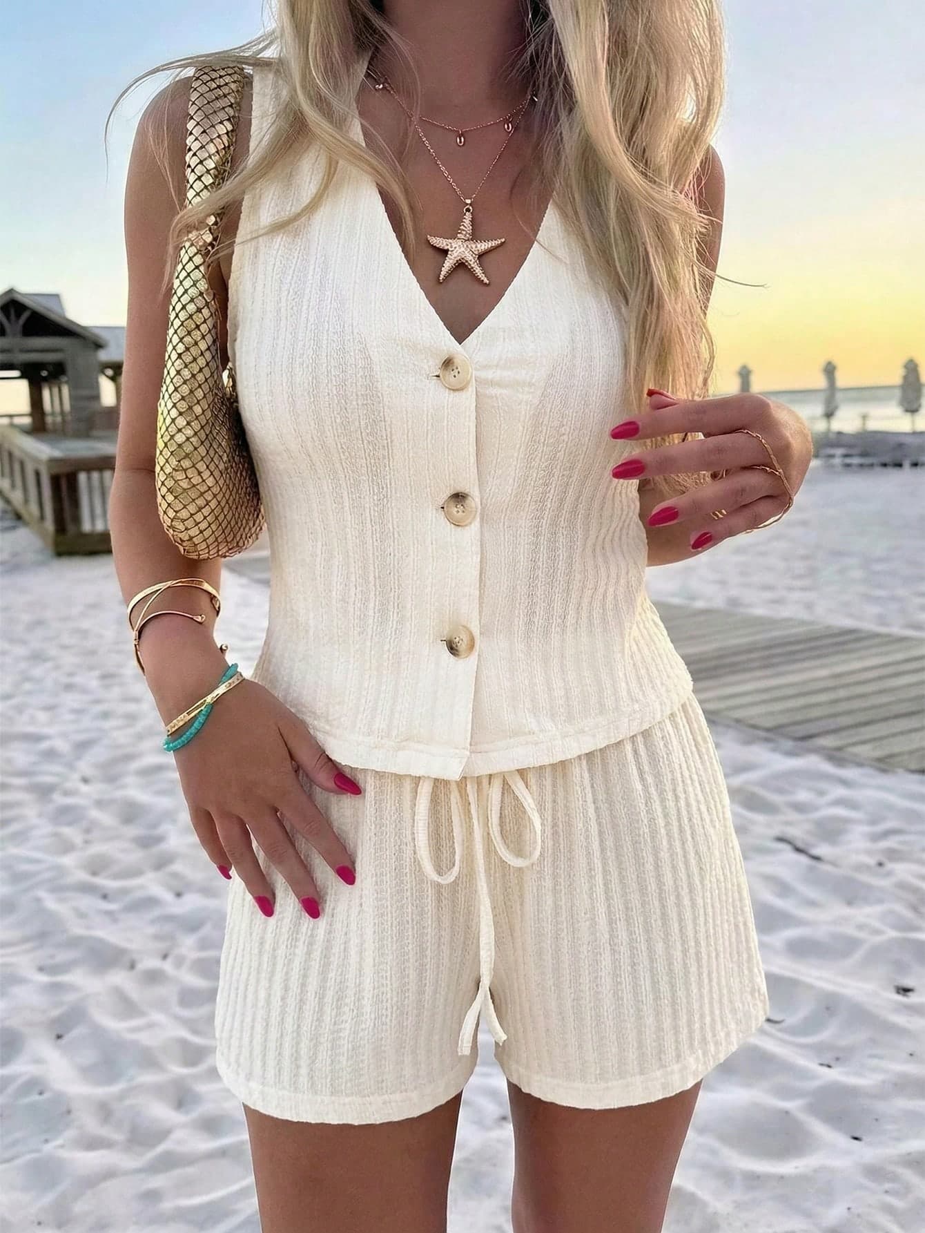 Pariaura Women's Summer Casual Elegant Cream White Boho Waffle Knit V-Neck Button Vest & Drawstring Shorts 2 Pieces Set,Holiday Beach Vacation Outfit Sets