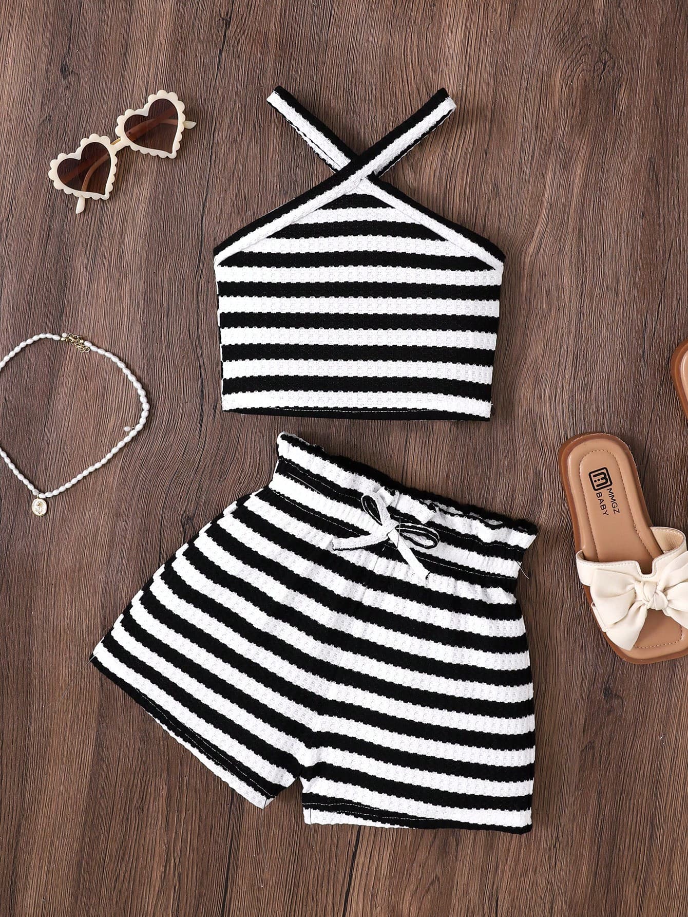 Emery Rose Kids Emery Rose Kids Young Girl Summer Matching Family Vacation Elegant Striped Jacquard Knit Shirred Top And Shorts 2 Piece Outfit Set,Black And White Casual Spring Suit