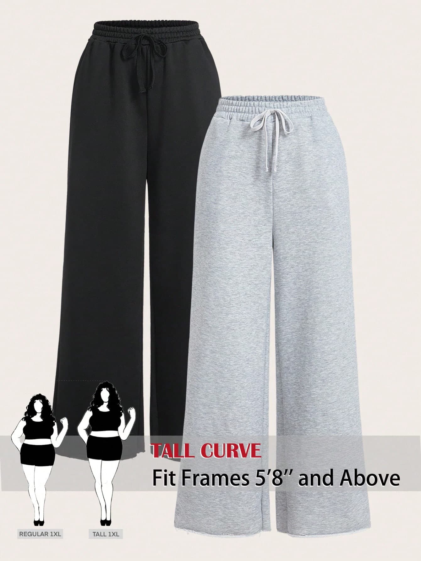 SHEIN Tall CURVE CURVE Plus Size Women's Black Tall Girls Wide Leg Casual Sweatpants,High-Waisted Drawstring Loose Goth Pants For Summer Gym,Office Old Money Style