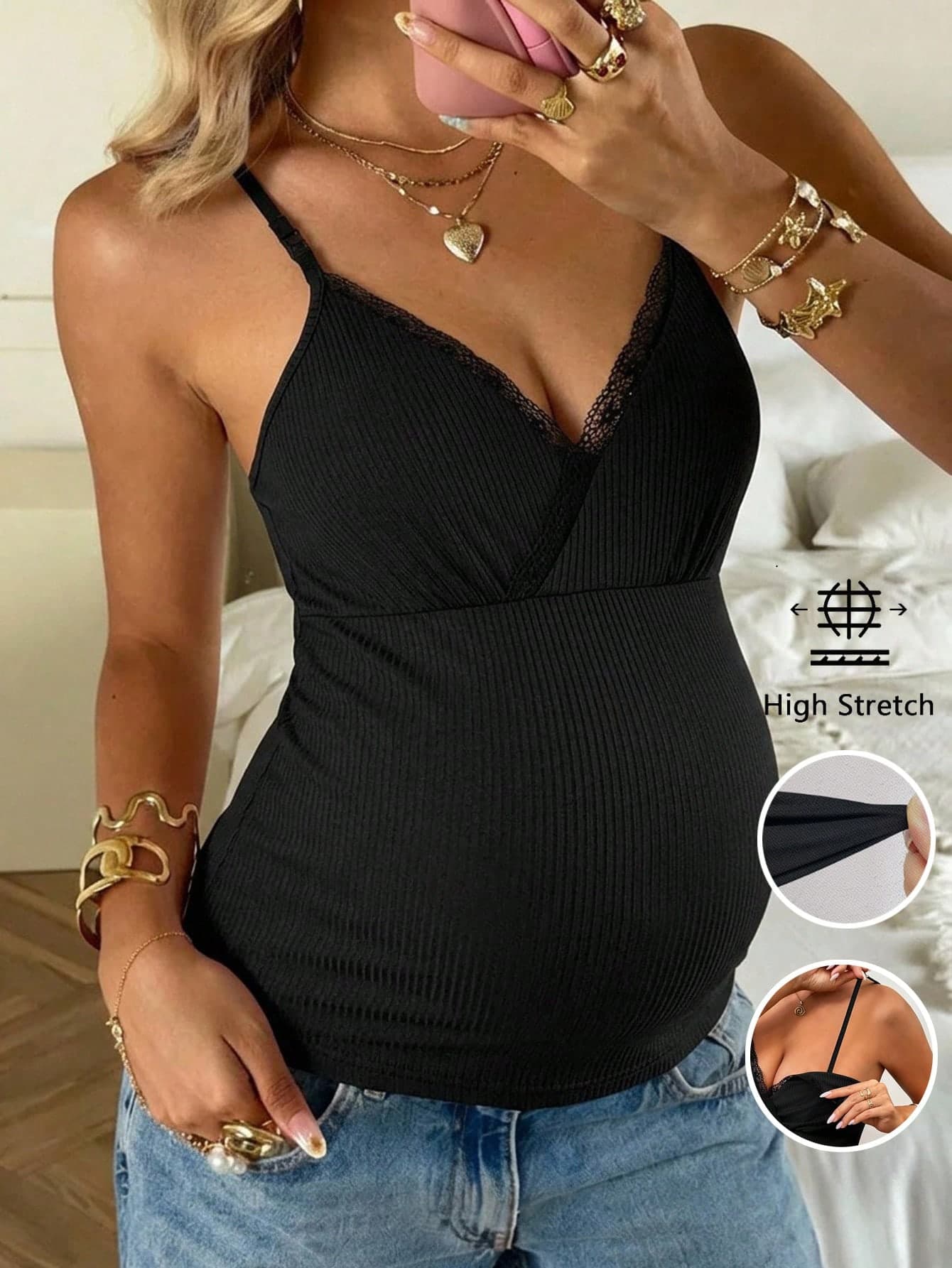 SHEIN Maternity Solid Color Contrast Lace Ribbed Camisole