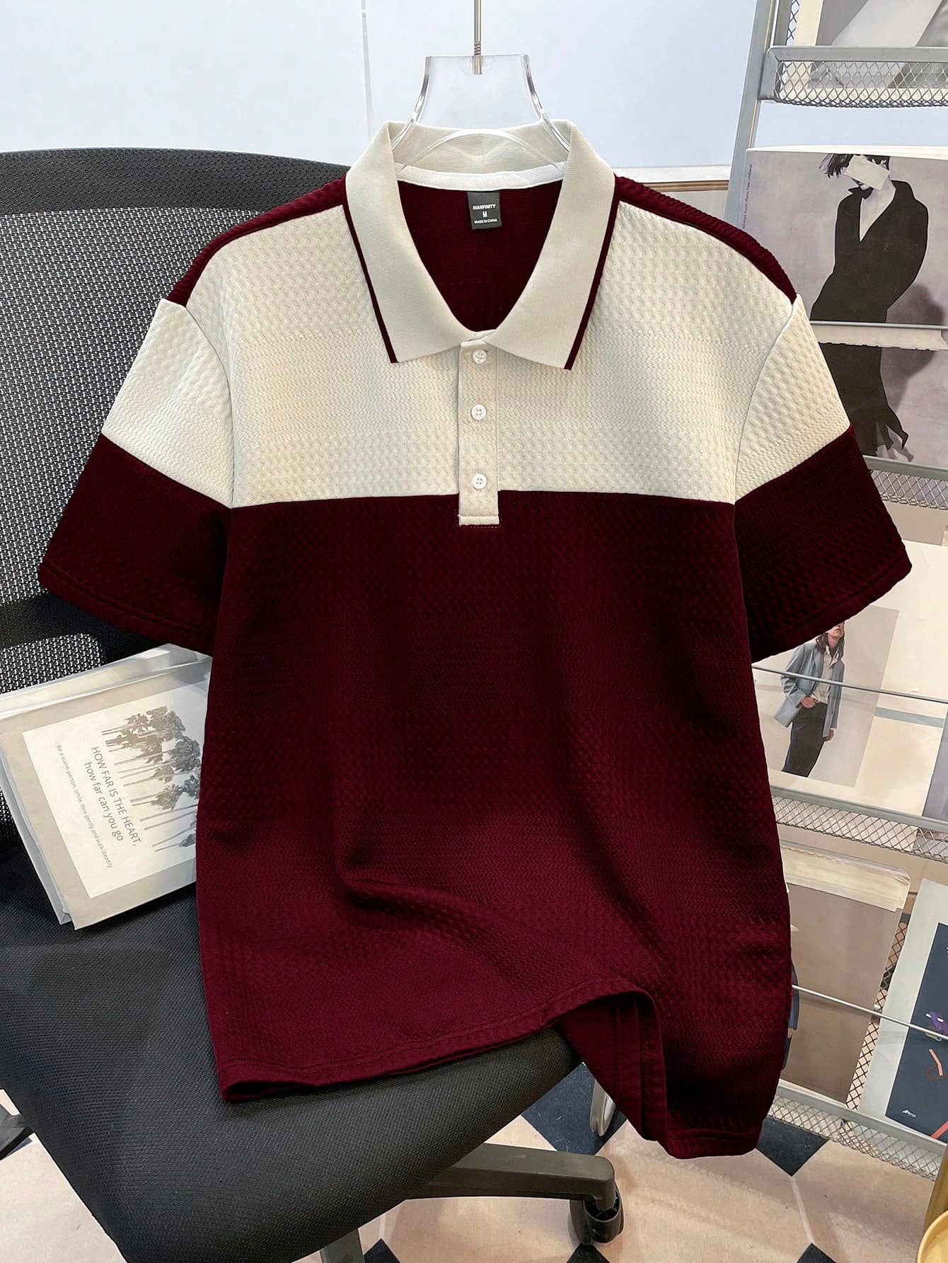 Manfinity Joysei Men's Casual Commuting Contrast Color Textured Fabric Short Sleeve Polo Shirt, Summer