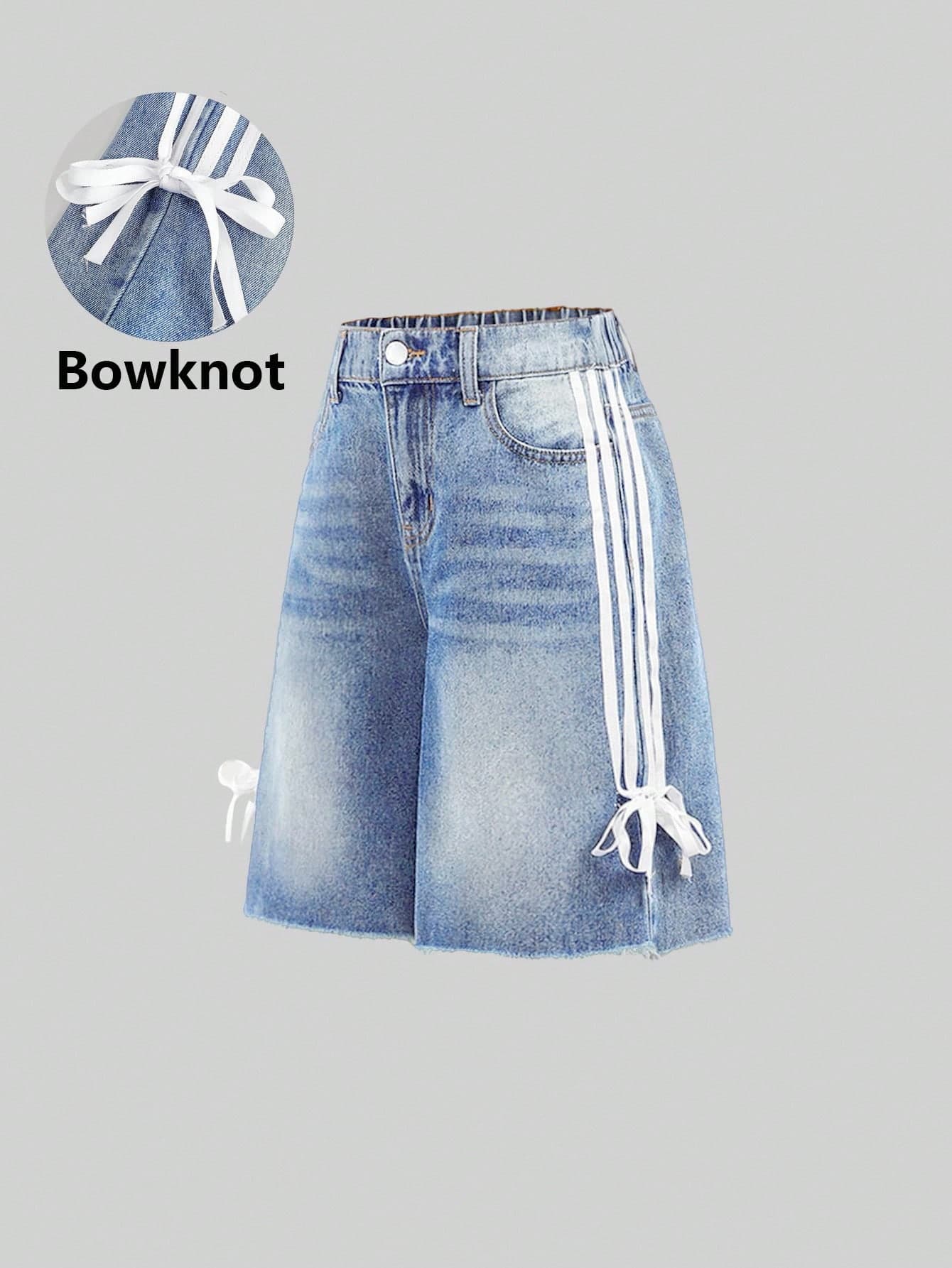 SHEIN Girlism Teen Girl Y2K Side-Stripe Bowknot Baggy Loose Fit Vintage Casual Denim Shorts With Slanted Pockets And Raw Hem, Girls Spring Summer Break, Summer Concert Rave Festival Baggy Shorts Streetwear