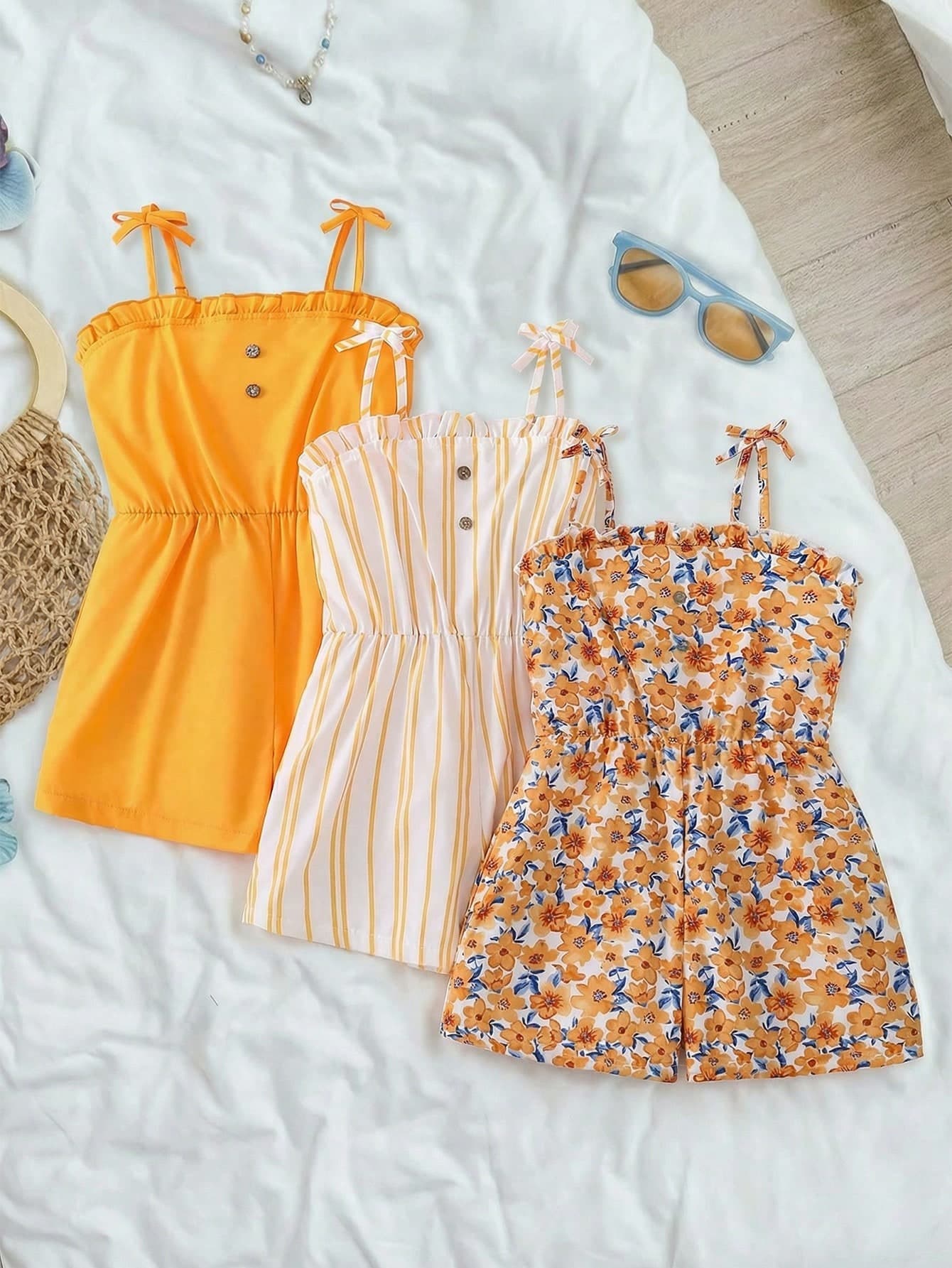 SHEIN Sparklyn 3pcs/Set Tween Girls Casual Summer Clothes,Cute Floral & Striped Romper Jumpsuit,Orange And White Vacation Holiday Outfits For Beach & Outdoor Play