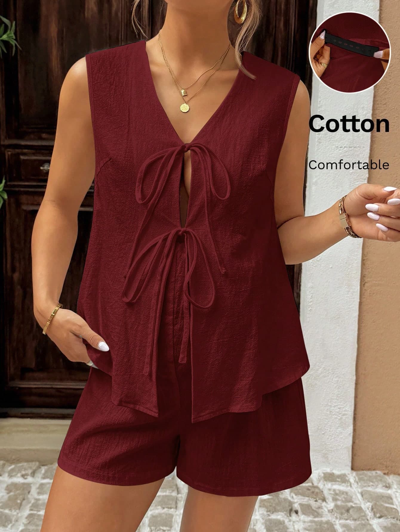 SHEIN Maternity Solid V-Neck Twist Back Tank Top And Shorts 2 Pieces Set