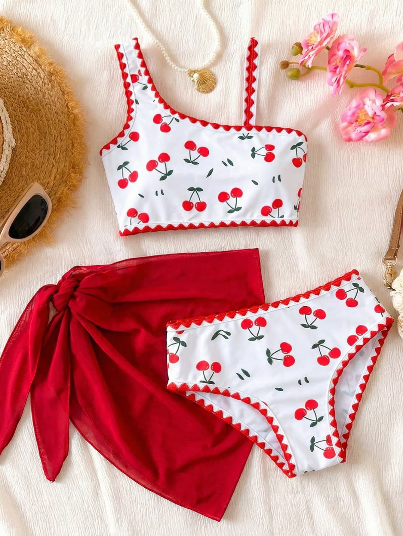 SHEIN Kids 3pcs/Set Young Girl Swimwear Set Cherry Print Bikini With Beach Vacation Skirt,Kids Cute Style Holiday Bathing Suit Tankini Swimsuit Summer