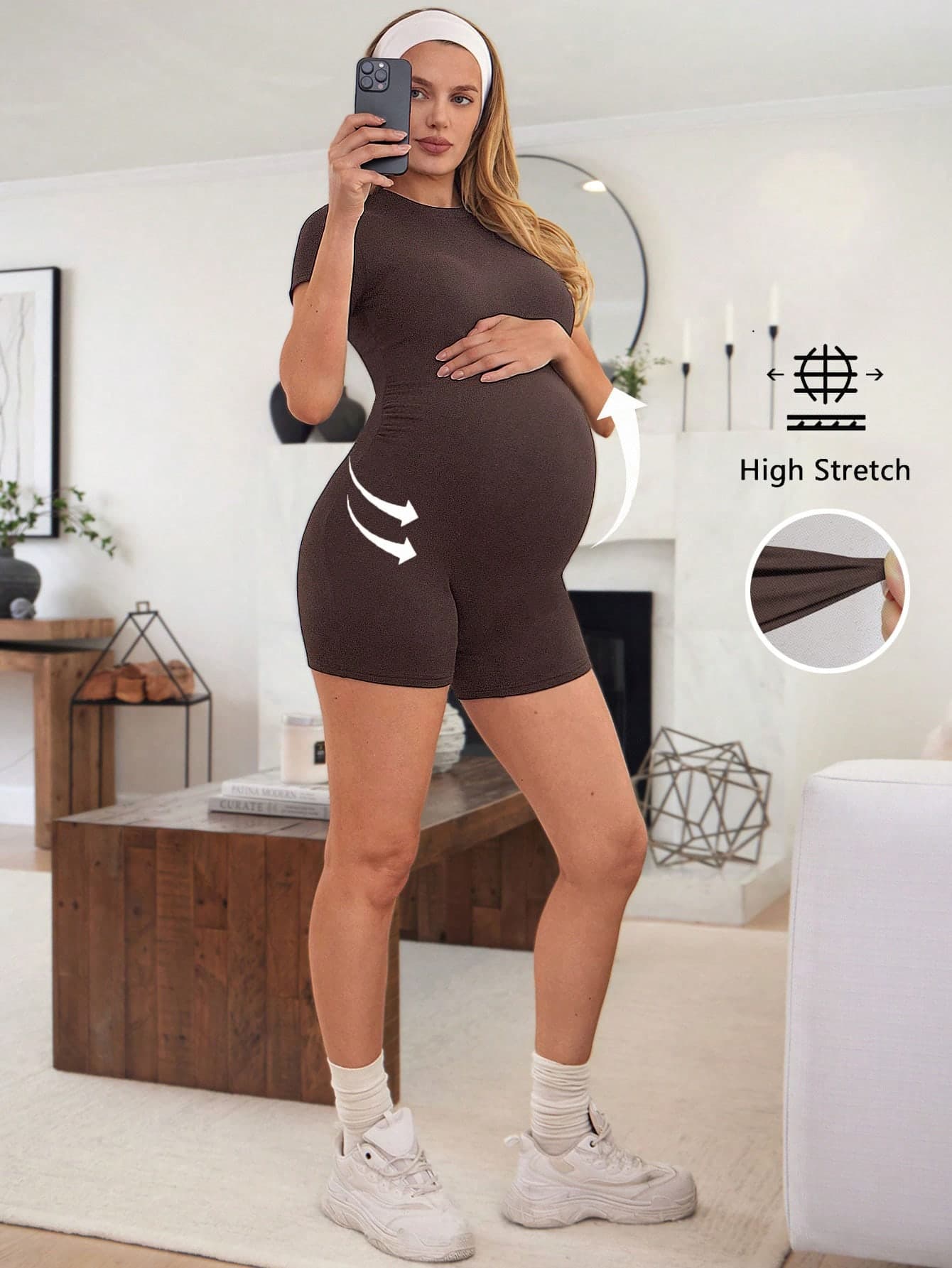 SHEIN Maternity Solid Color Round Neck Fitted Casual Short Sleeve Jumpsuit