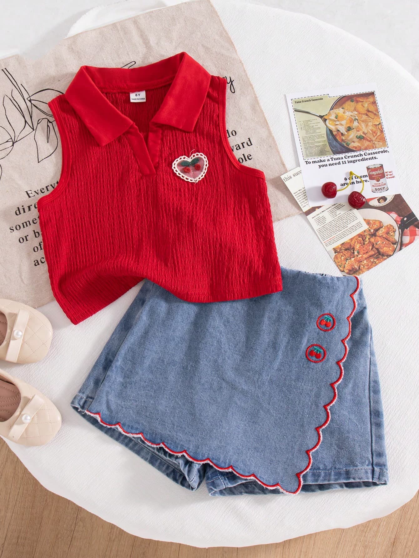 SHEIN Playful Pals Tween Girls Red Polyester Sleeveless Polo Top And Denim Skort Co-Ords With Cherry Patch And Scalloped Detail