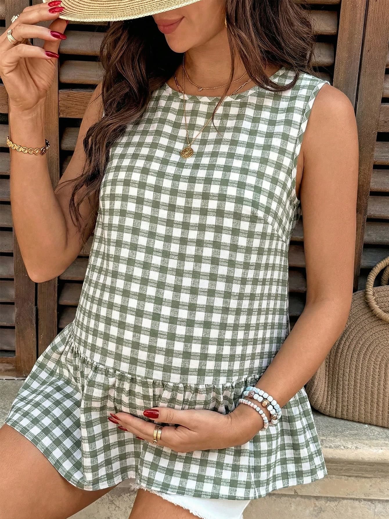 SHEIN Maternity White Plaid Gingham Round Neck Sleeveless Shirt For Women,Summer Boho Picnic Holiday Casual Dresses