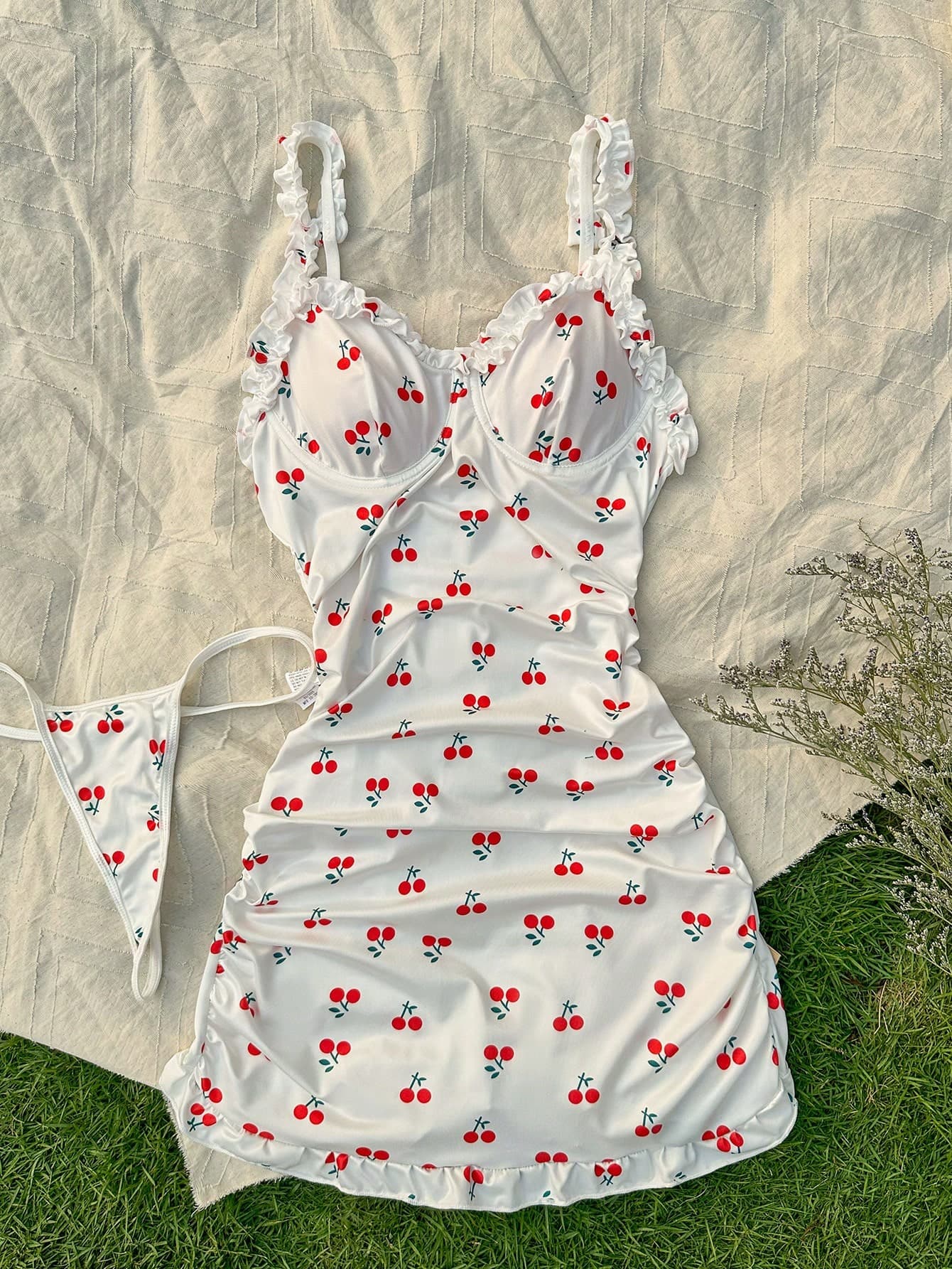 CottageSlumber Cherry Print Frill Trim Ruched Bodycon Dress With Thong, Lingerie Bridallingerie