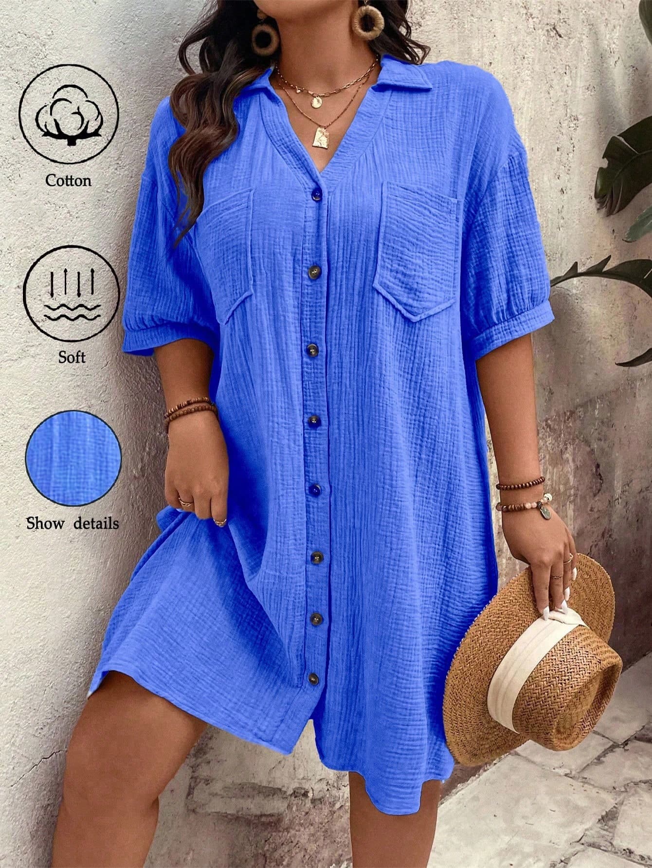 Breezaya Casual Plus Size Royal Blue Woven Fabric Midi Shirt Dress For Women Drop Shoulder Short Sleeve With Pockets For Summer Outfits