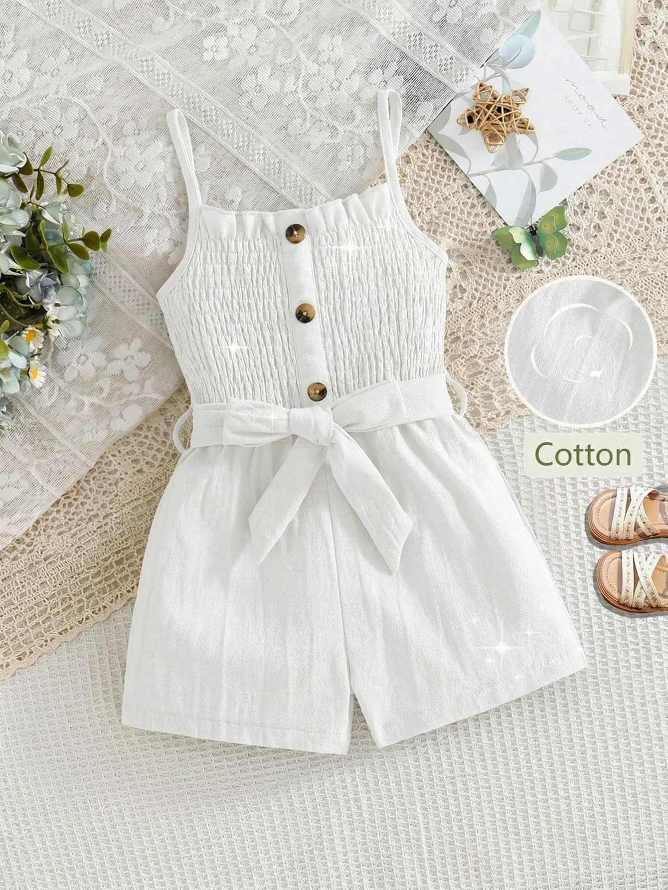 SHEIN Genkimix Kids Spring/Summer New Young Girls Young Casual Vacation Pure Cotton Cute Ruffled Strap Cinched Waist Bow Button Jumpsuit