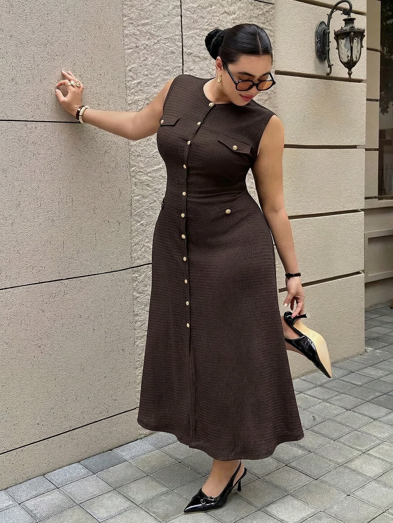 Dripcurv Plus-Size Women's Brown Long Dress For Spring, Elegant Urban Style,Formal Women Zanea Woman Zanzea Simple Retro Dresses Curve Office