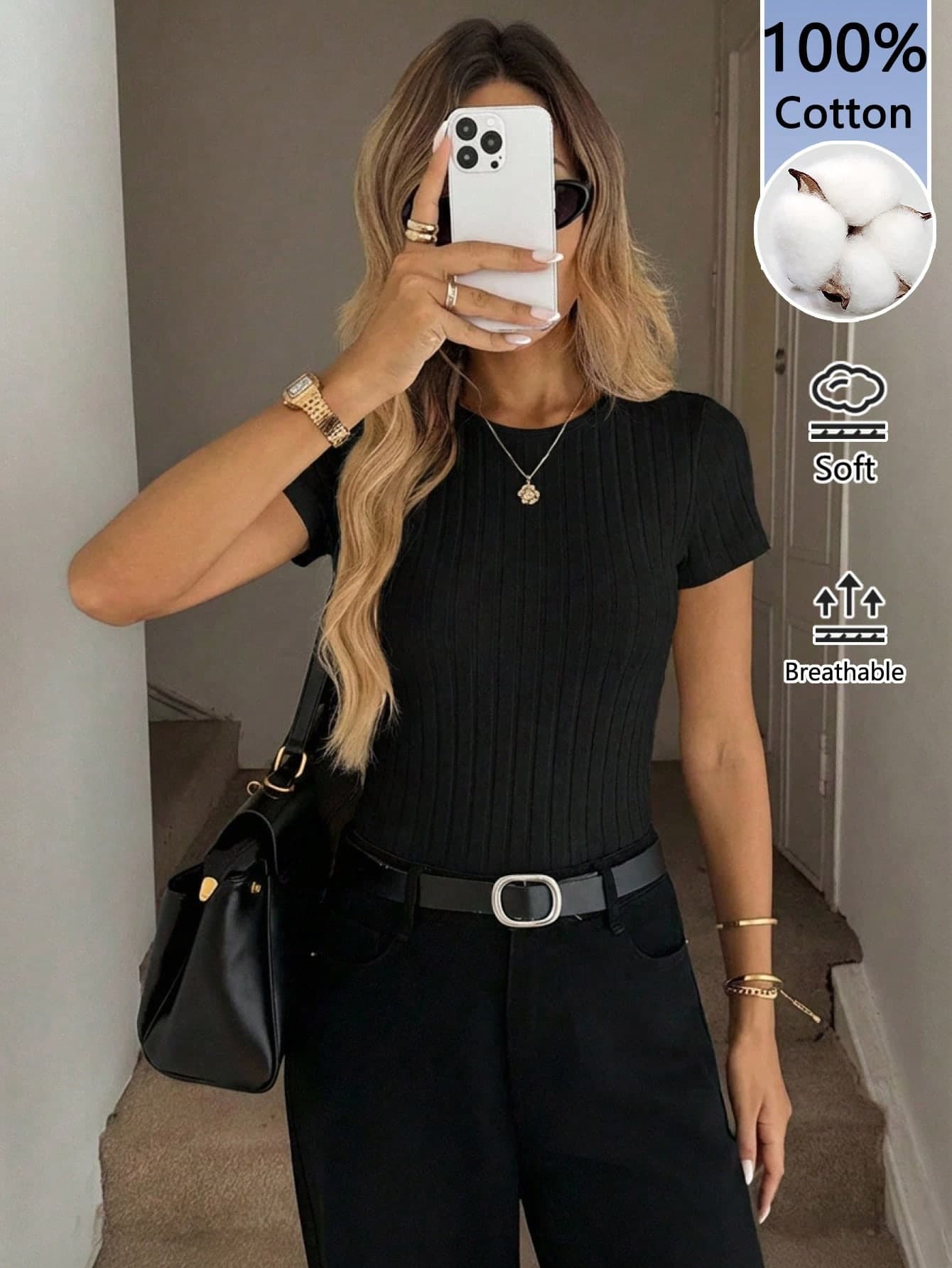 Easowa Women's Crew Neck Fitted Ribbed Cotton T-Shirt, Casual Vacation Elegant Daily Comfortable Tee,Summer Top