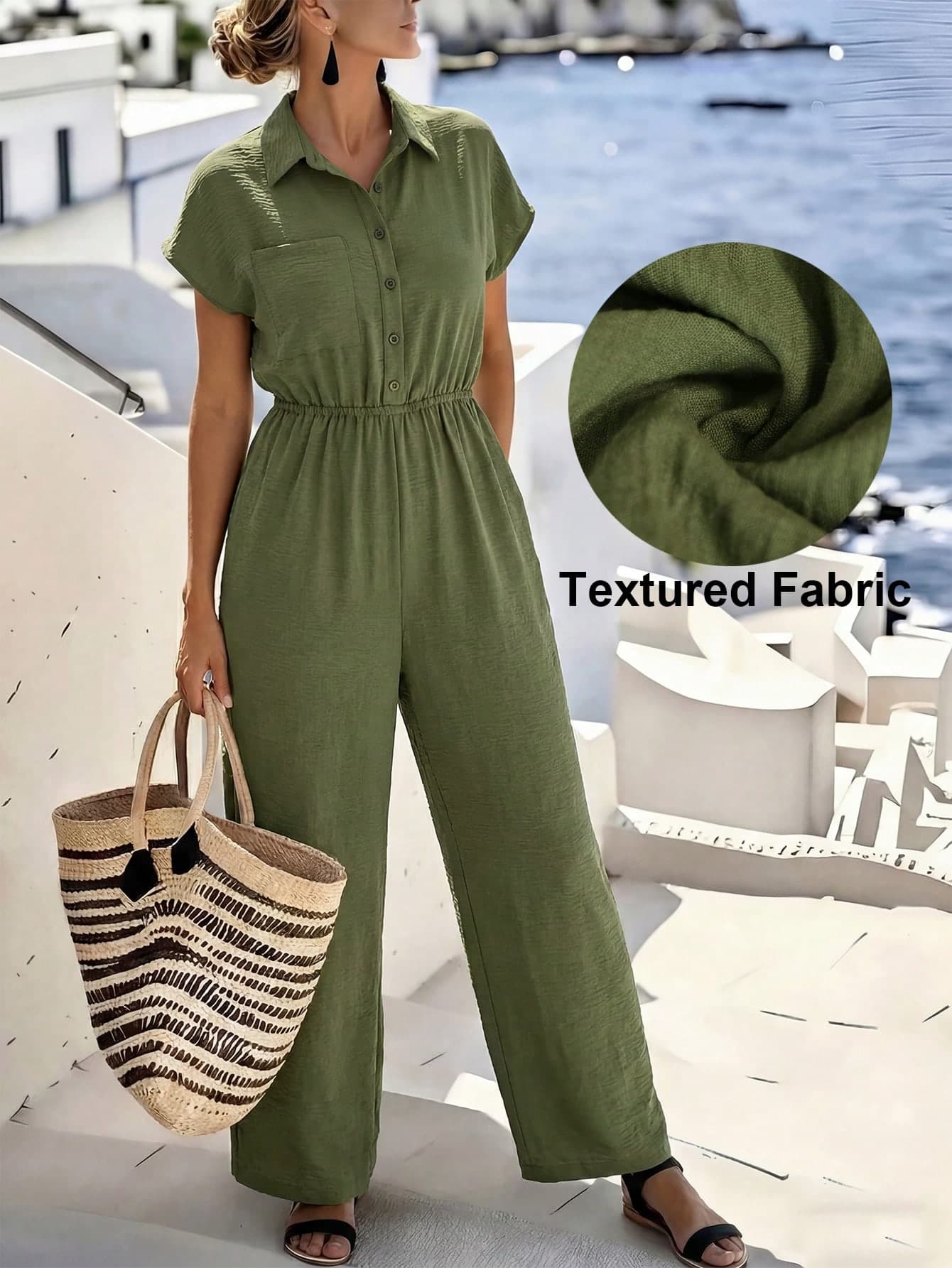 EMERY ROSE Women's Summer Lapel Button Waist Casual Wide Leg Jumpsuit,Army Green Smart Casual Vacation Holiday Outfit Sets,Spring Textured Fabric Jumpsuits