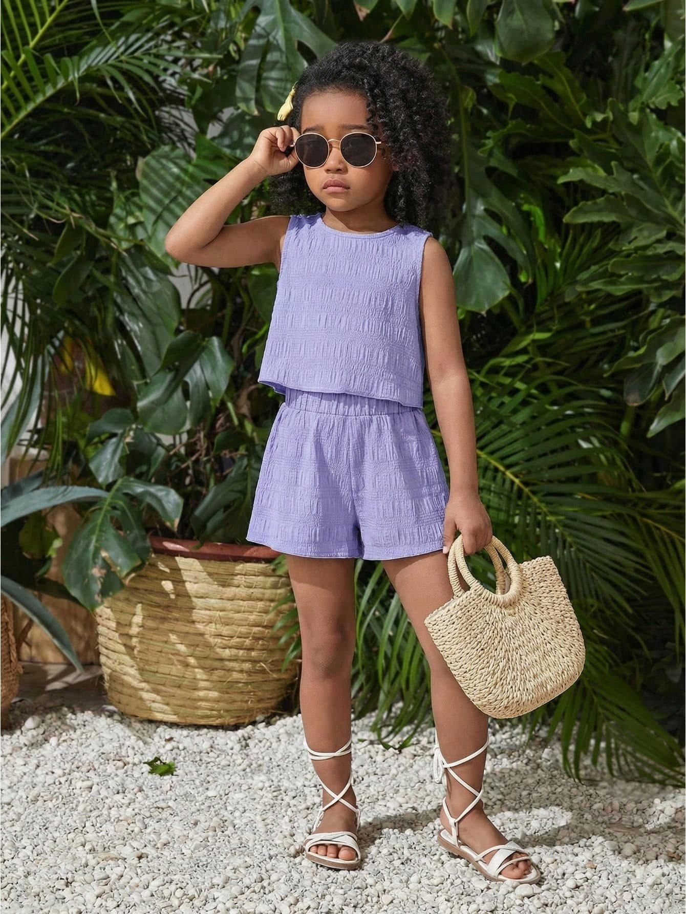 2pcs/Set Young Girl Summer Casual Vacation Daily Minimalist Woven Texture Purple Breeze Style Solid Color Round Neck Sleeveless Top And Loose Shorts
