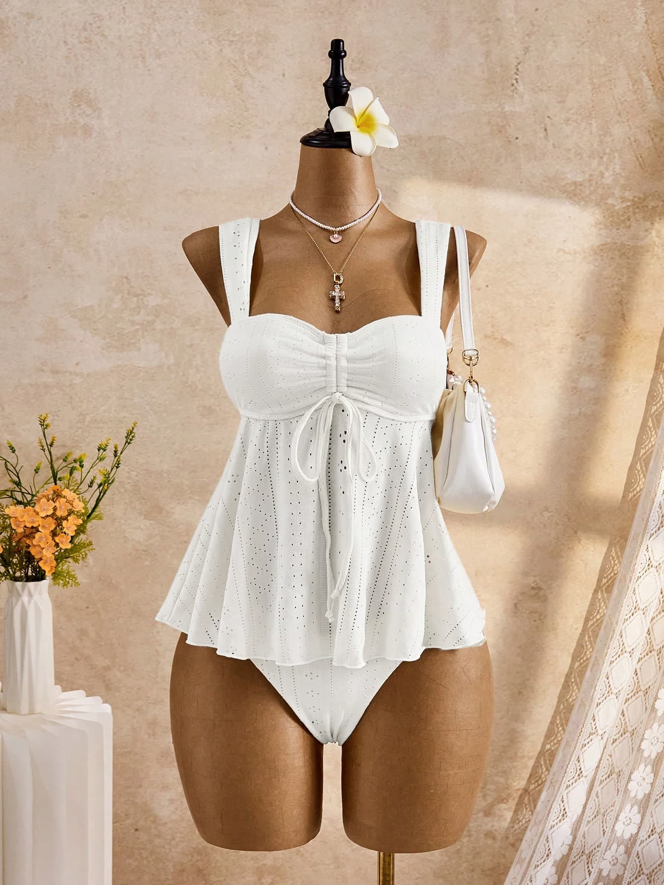 Bellisia 26SS Spring/Summer Holiday Beach Holiday Pool Party Vacation Cute Jamican White Jacquard Embroidered Camisole Bikini Set