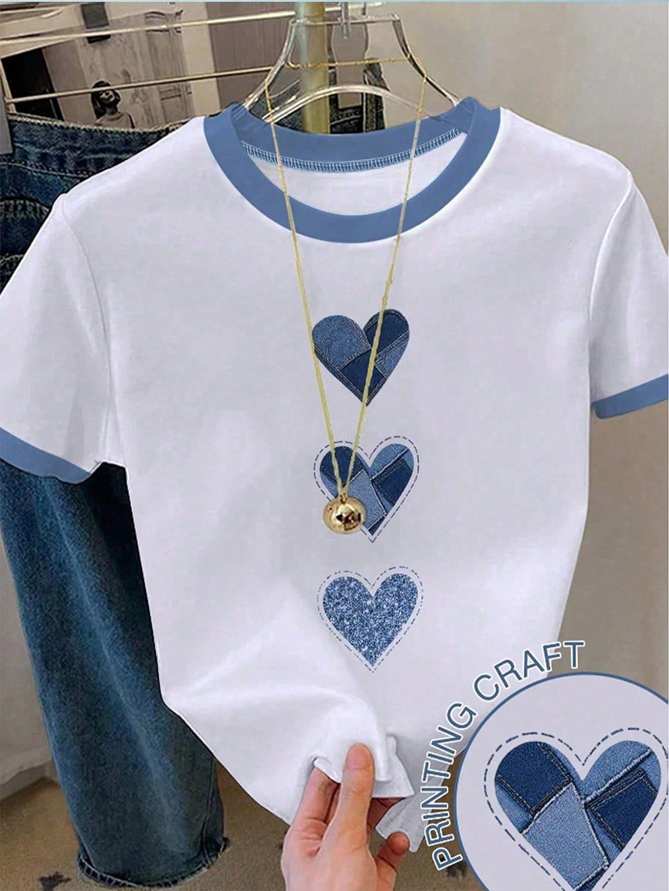 Teenage Girls' Cute White Summer Graduation T-Shirt,Light Blue Contrast Trim Faux Denim Heart Patchwork Print Round Neck Short Sleeve Fitted Tee