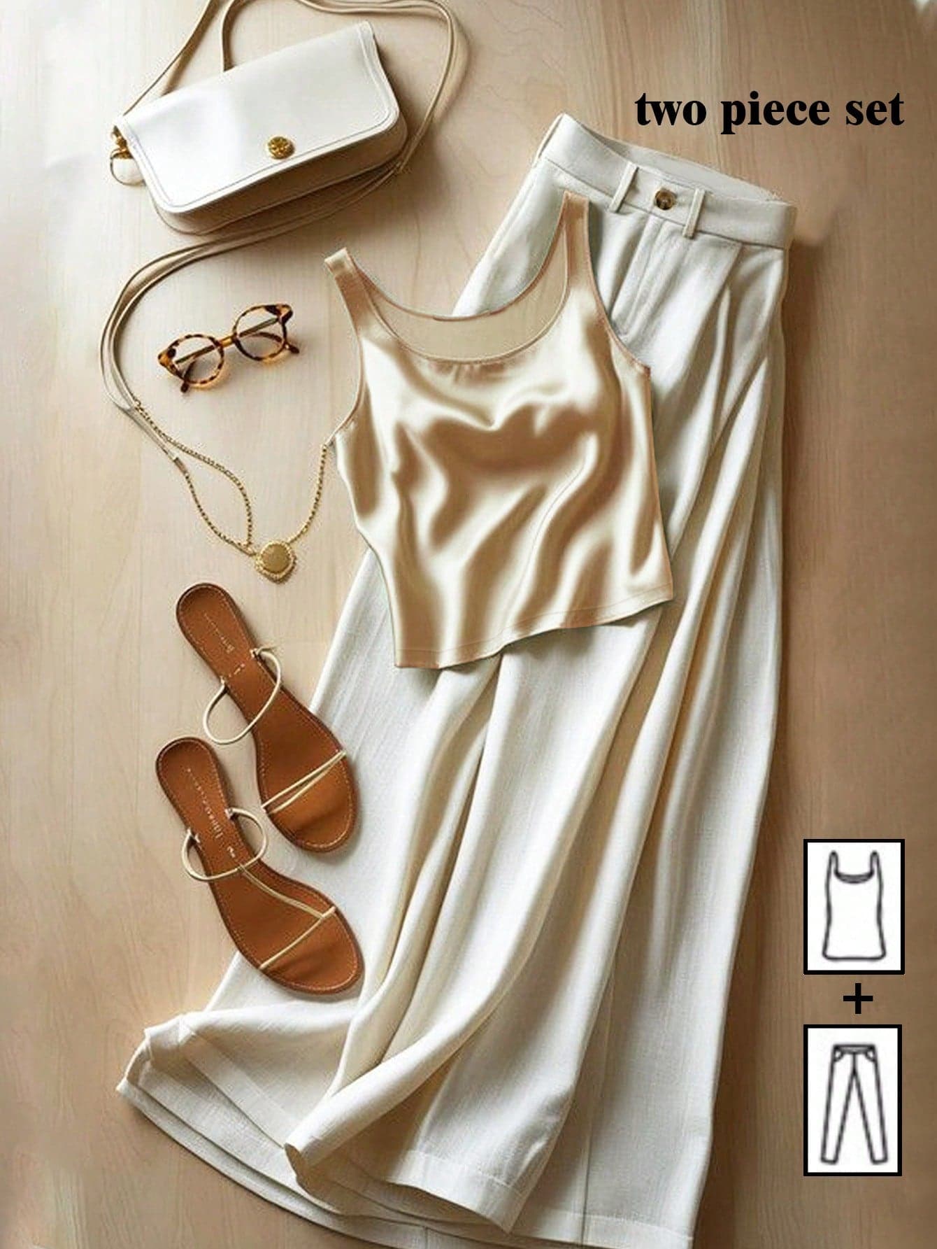 Franclia 2pcs Women Satin Camisole And Pants Set,Beige Summer Elegant Brunch Outfit,Casual Vacation Birthday Party Two Piece Set Zip Lining Pinterest Style
