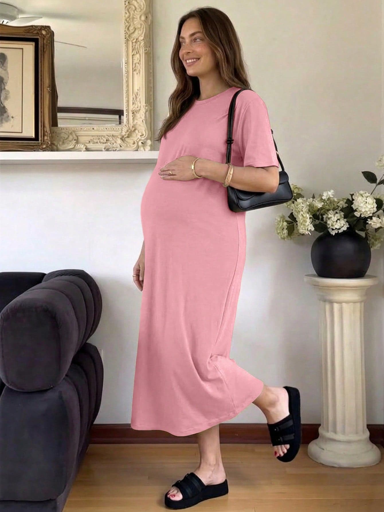Slowluna Pregnant Women Solid Color Round Neck Short Sleeve Casual Dress