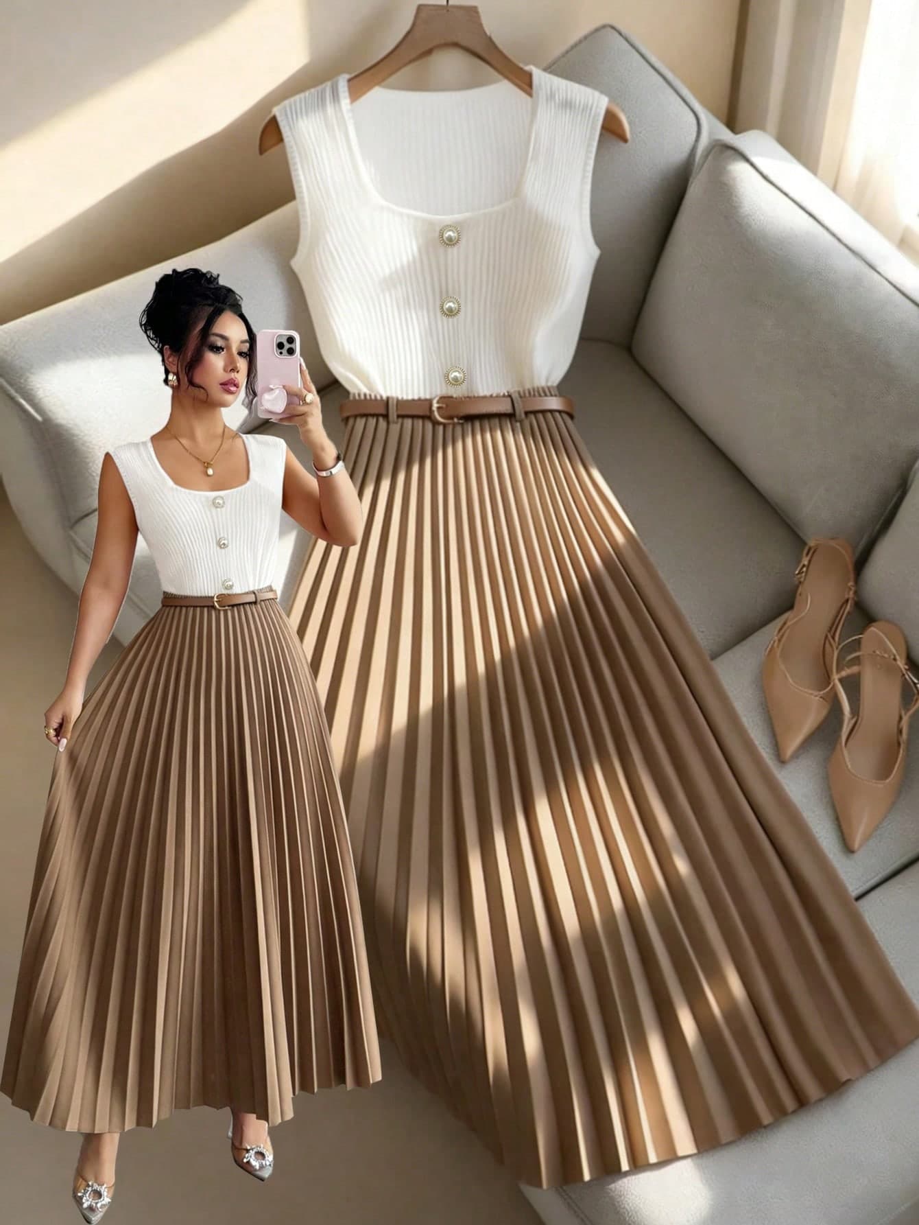 Elenzga Women's Square Neck Sleeveless White Top And Brown Pleated Skirt Elegant 2-Piece Set
