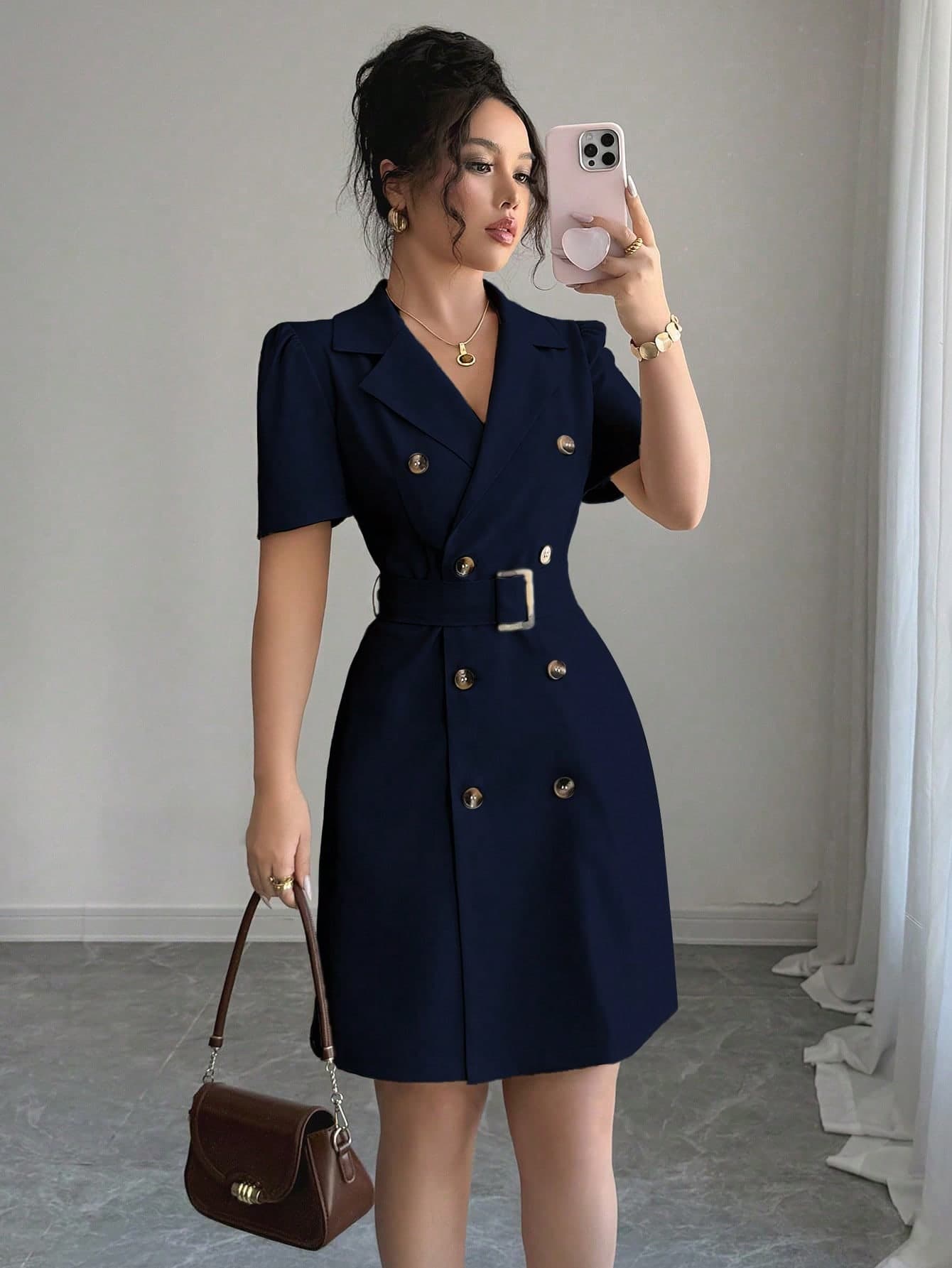 Selianne Collared Tie-Waist Double-Breasted Puff Sleeve Dress