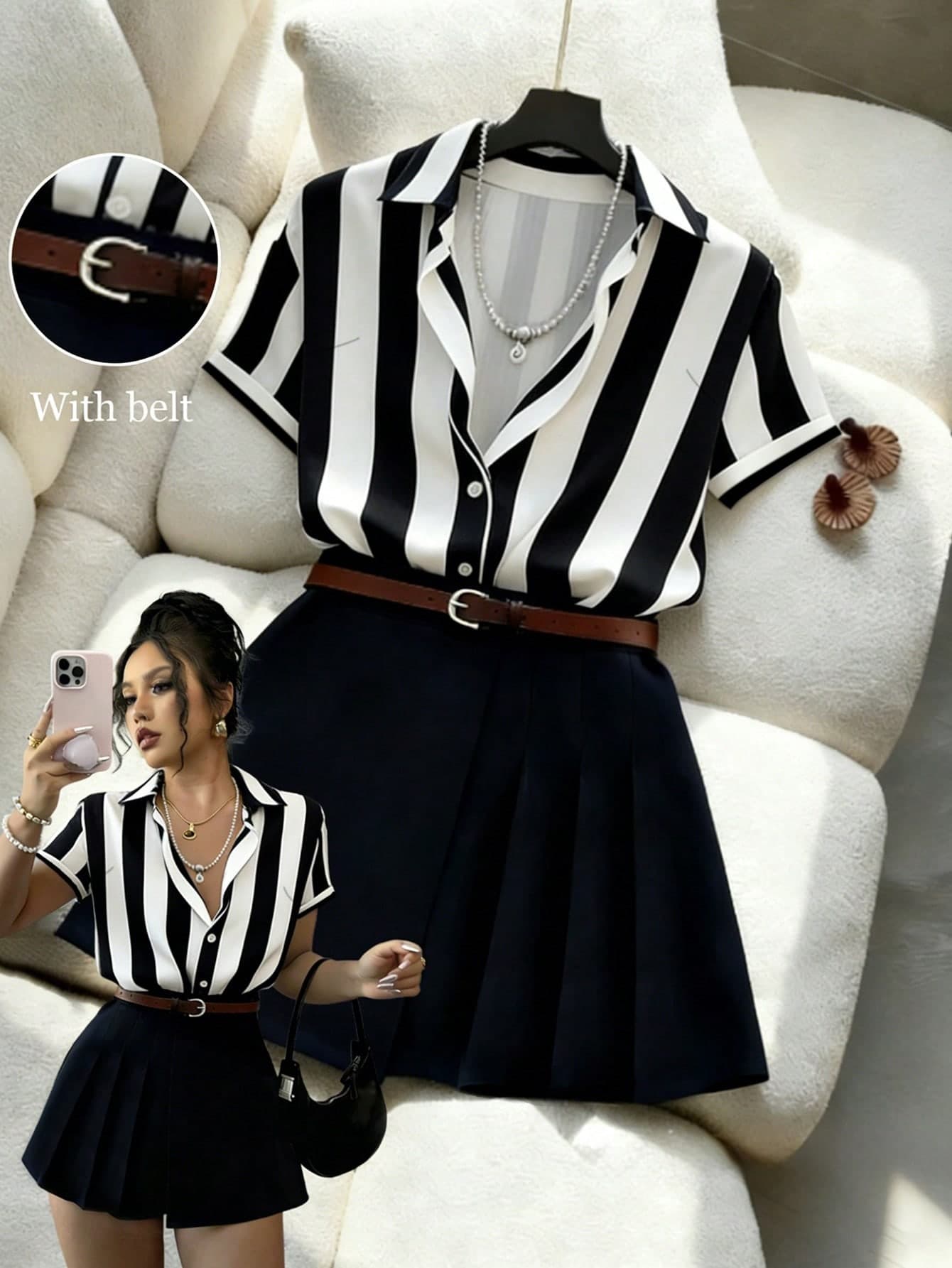 Franclia Women's Striped Short Sleeve Button-Up Shirt And Pleated Mini Skirt Casual 2-Piece Set