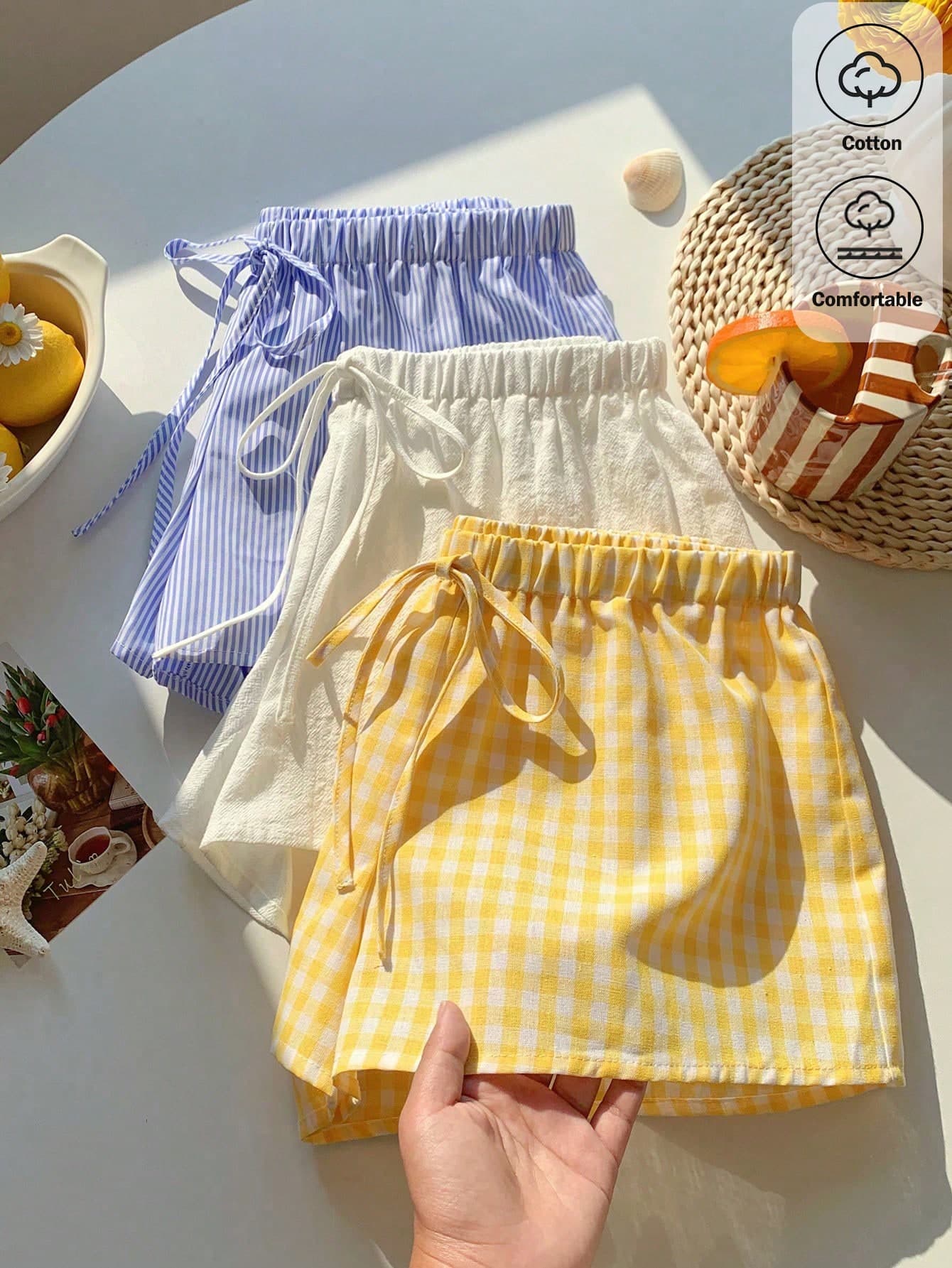 Comfortcana 3pcs Women's Cotton Blend Shorts,White And Yellow,Summer,Casual,Picnic,Cute Comfortable Styling For Music Festivals,Home Wear & Daily Outings Girls