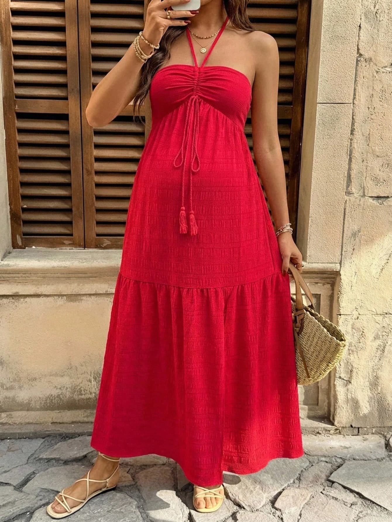 SHEIN Maternity Vacation Casual Solid Color Halter Backless Dress Red Maxi Women Sundress Baby Shower Two Piece Sets
