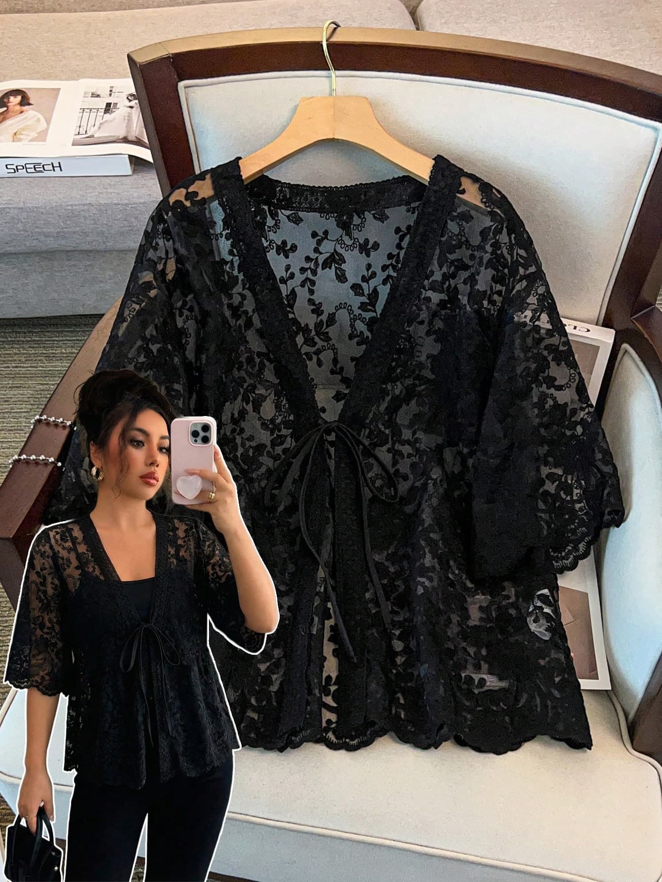 GlowEve CURVE Plus Size Women V-Neck Tie Front Sheer Vacation Blouse Shawl Collar Half Sleeve Embroidery Hollow Out Cardigan