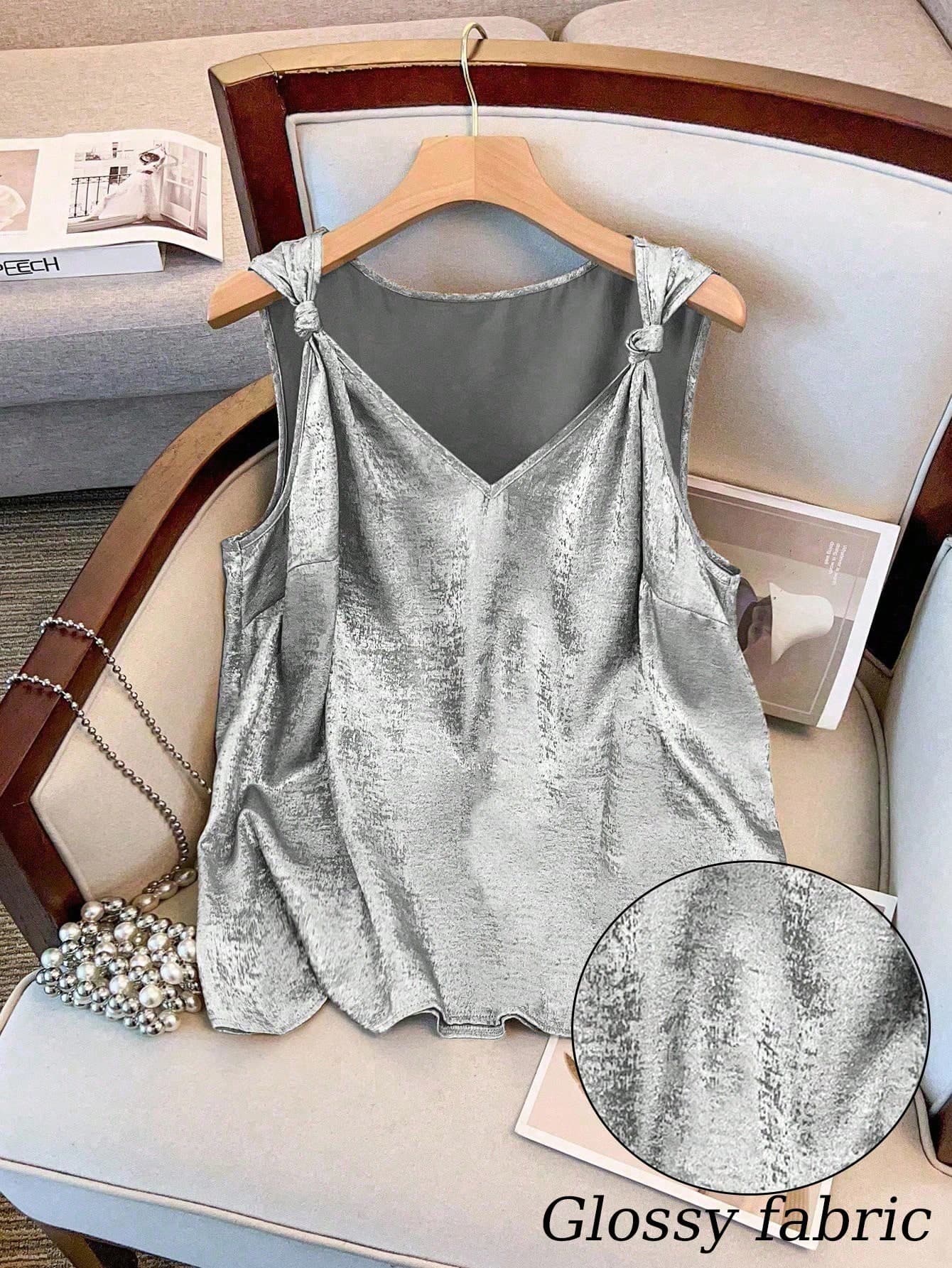 GlowEve CURVE Plus Size Sleeveless Twist Knot Metallic Color Summer Shirt